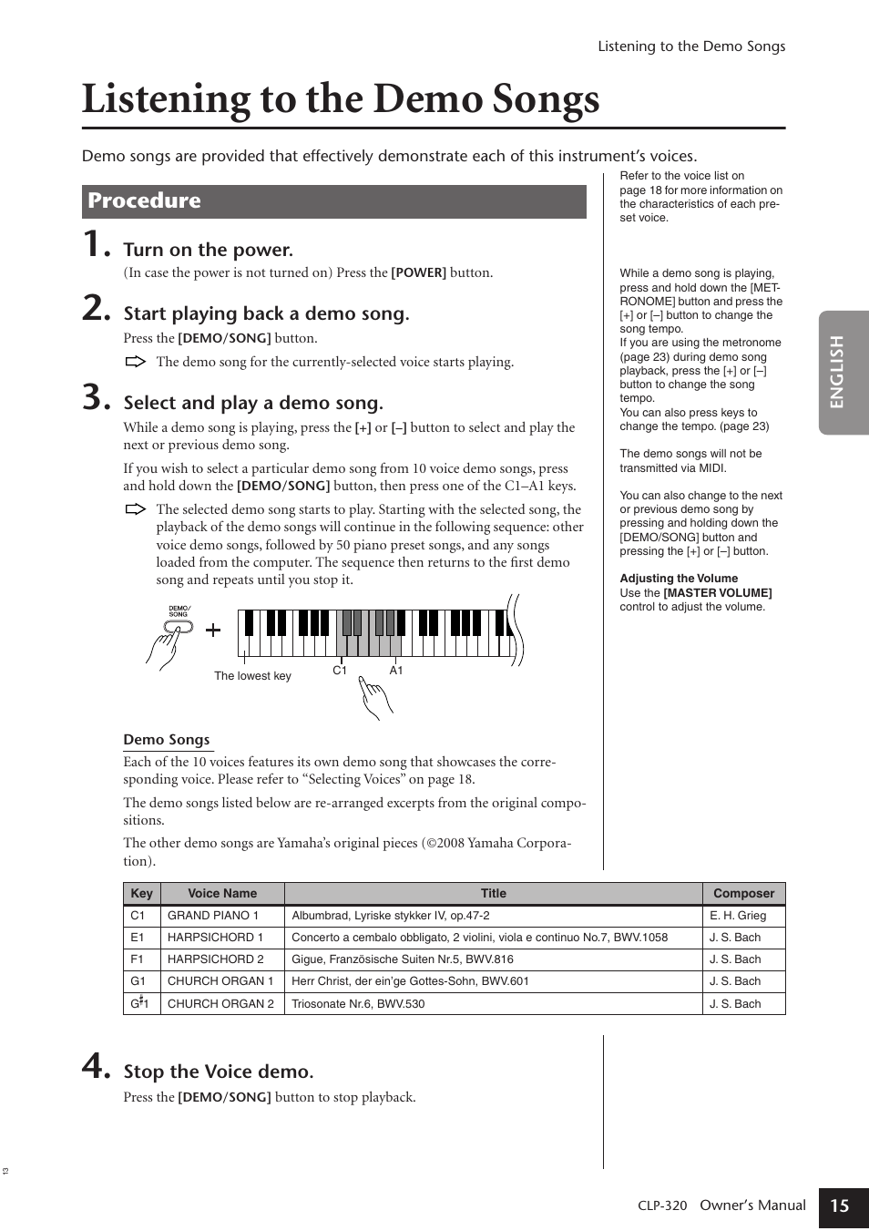 Reference, Listening to the demo songs, Procedure | Turn on the power, Start playing back a demo song, Select and play a demo song, Stop the voice demo | Yamaha Clavinova CLP-320 User Manual | Page 15 / 44