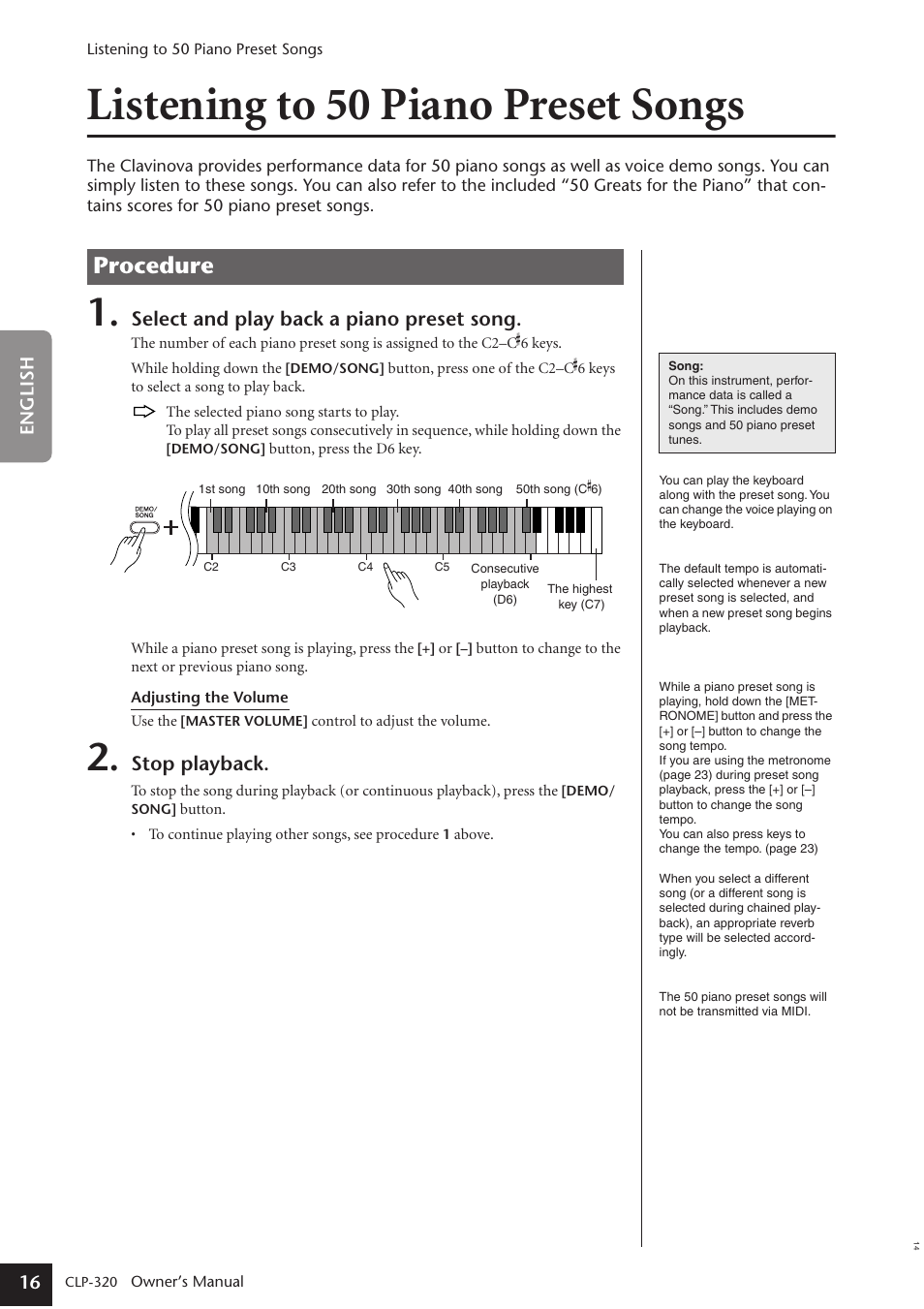 Listening to 50 piano preset songs, Procedure, Select and play back a piano preset song | Stop playback | Yamaha Clavinova CLP-320 User Manual | Page 16 / 44