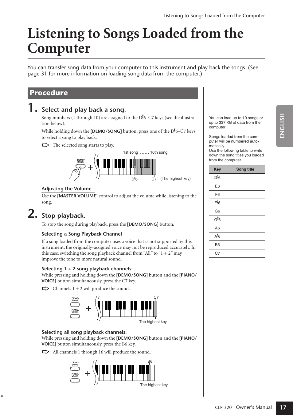 Listening to songs loaded from the computer, Procedure, Select and play back a song | Stop playback | Yamaha Clavinova CLP-320 User Manual | Page 17 / 44