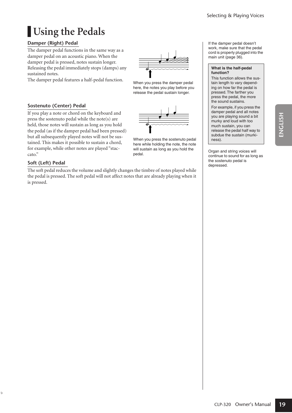 Using the pedals, 19 english | Yamaha Clavinova CLP-320 User Manual | Page 19 / 44