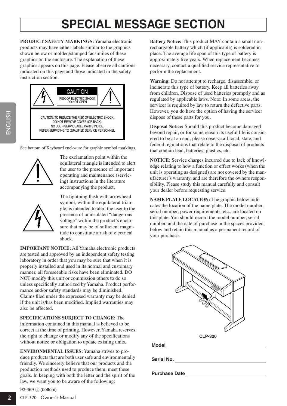 Introduction, Special message section, Caution | Yamaha Clavinova CLP-320 User Manual | Page 2 / 44