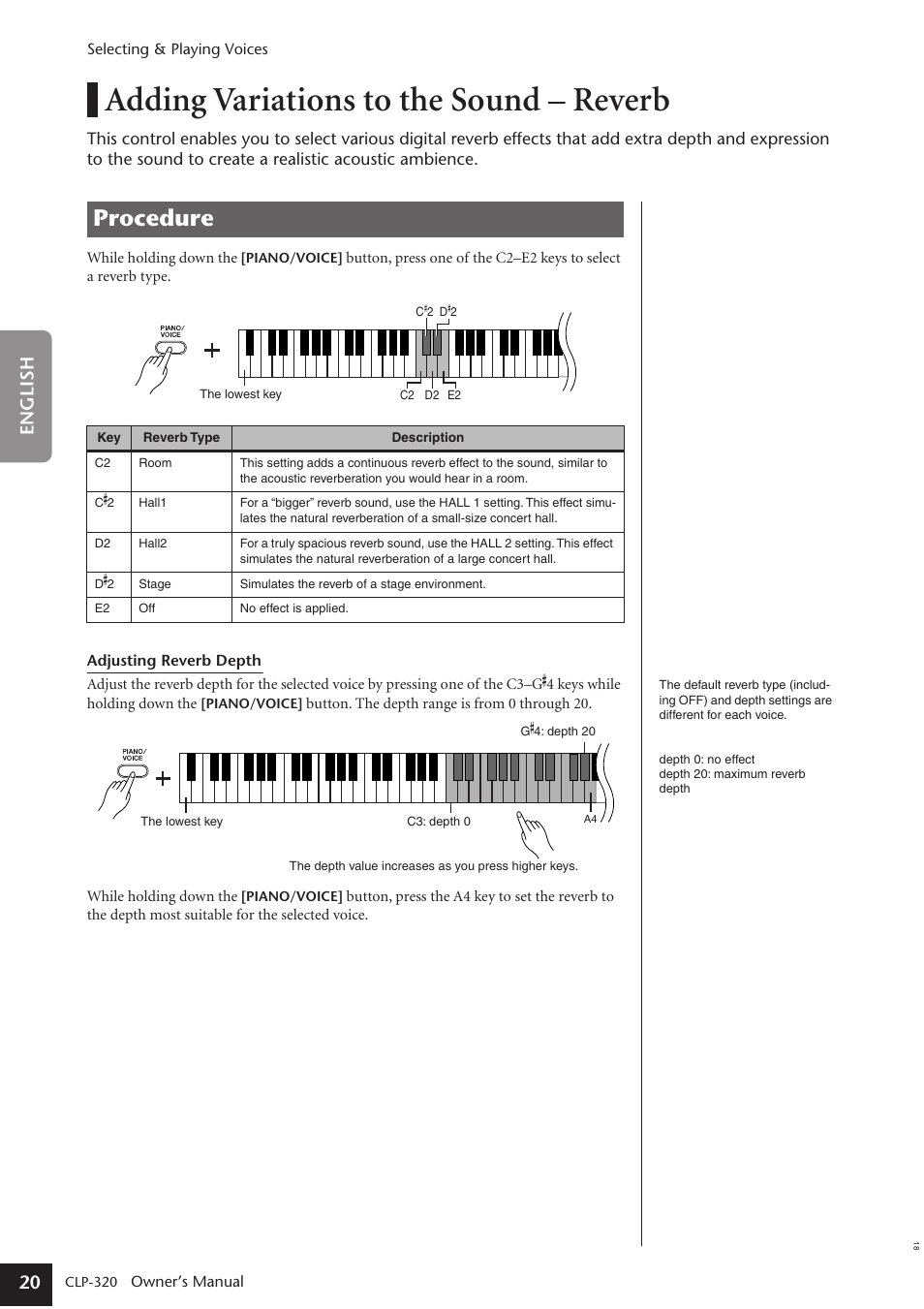 Adding variations to the sound - reverb, Adding variations to the sound – reverb, Procedure | 20 english | Yamaha Clavinova CLP-320 User Manual | Page 20 / 44