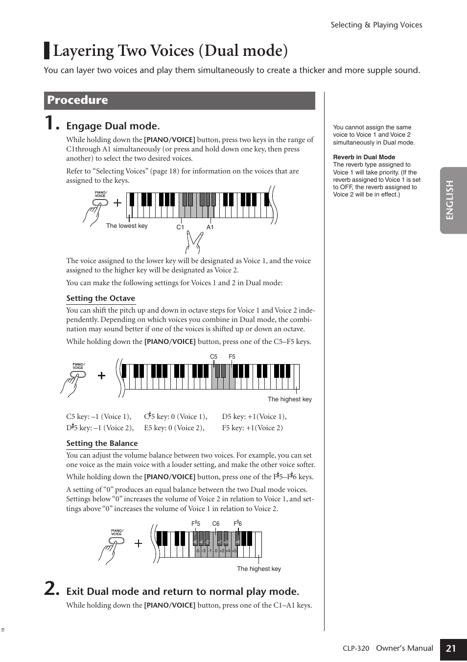 Layering two voices (dual mode), Procedure, Engage dual mode | Exit dual mode and return to normal play mode | Yamaha Clavinova CLP-320 User Manual | Page 21 / 44
