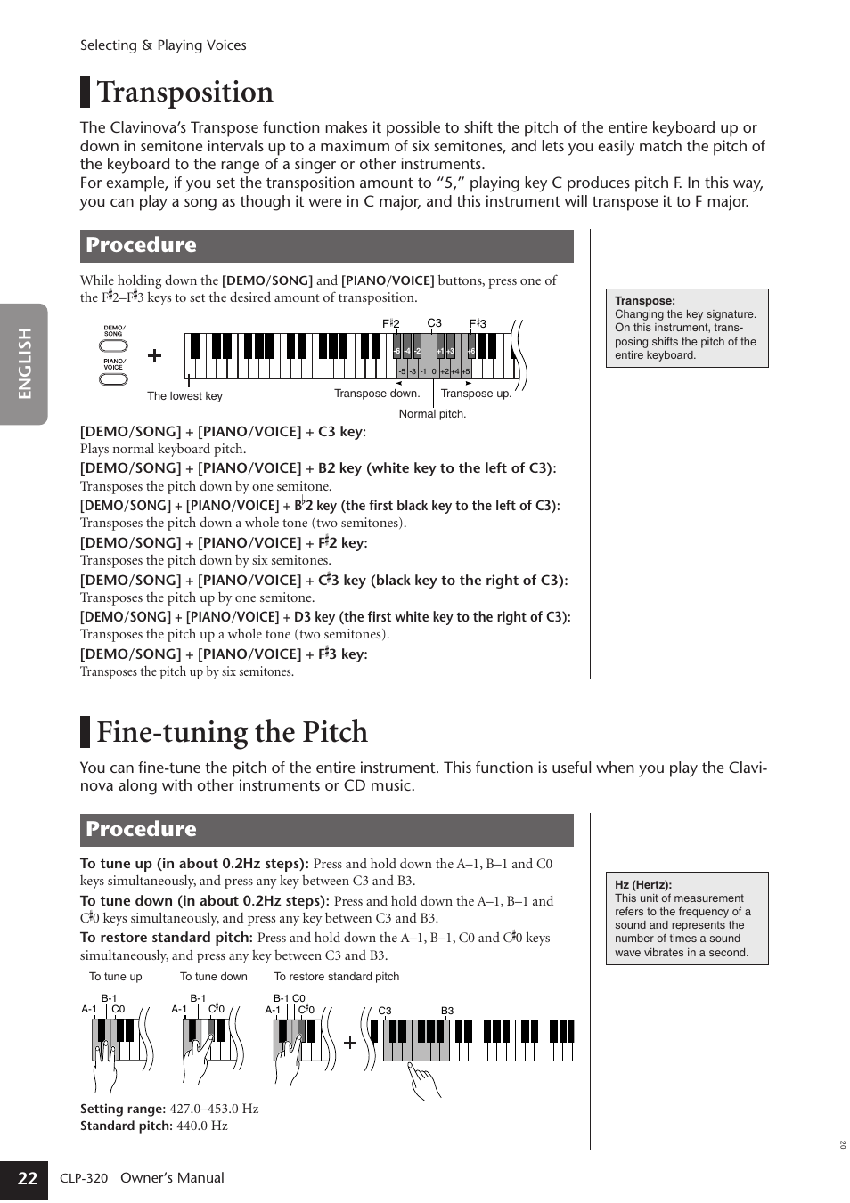 Transposition, Fine-tuning the pitch, Procedure | 22 english | Yamaha Clavinova CLP-320 User Manual | Page 22 / 44