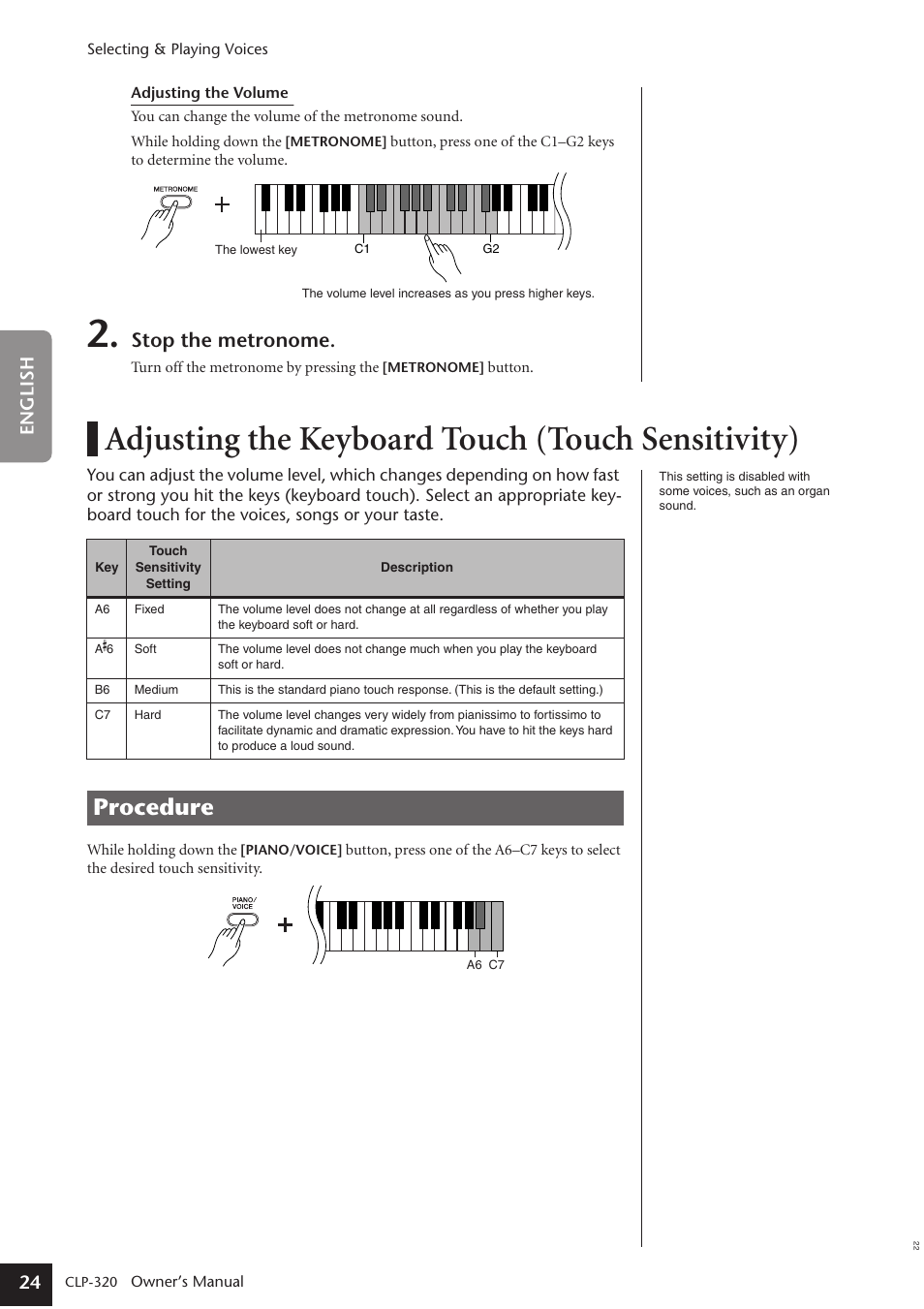 Adjusting the keyboard touch (touch sensitivity), Procedure, Stop the metronome | 24 english | Yamaha Clavinova CLP-320 User Manual | Page 24 / 44