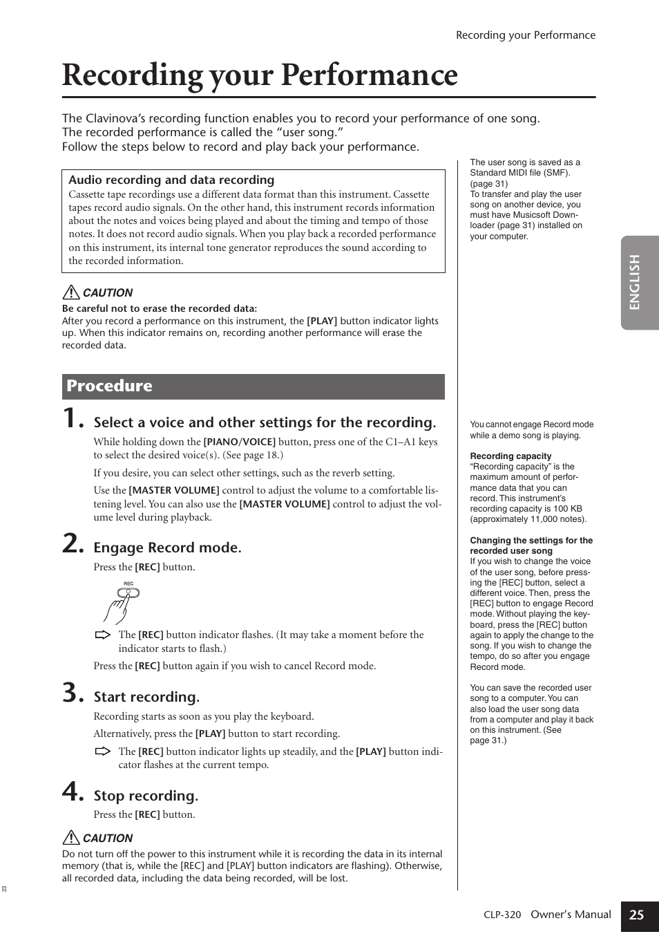 Recording your performance, Procedure | Yamaha Clavinova CLP-320 User Manual | Page 25 / 44