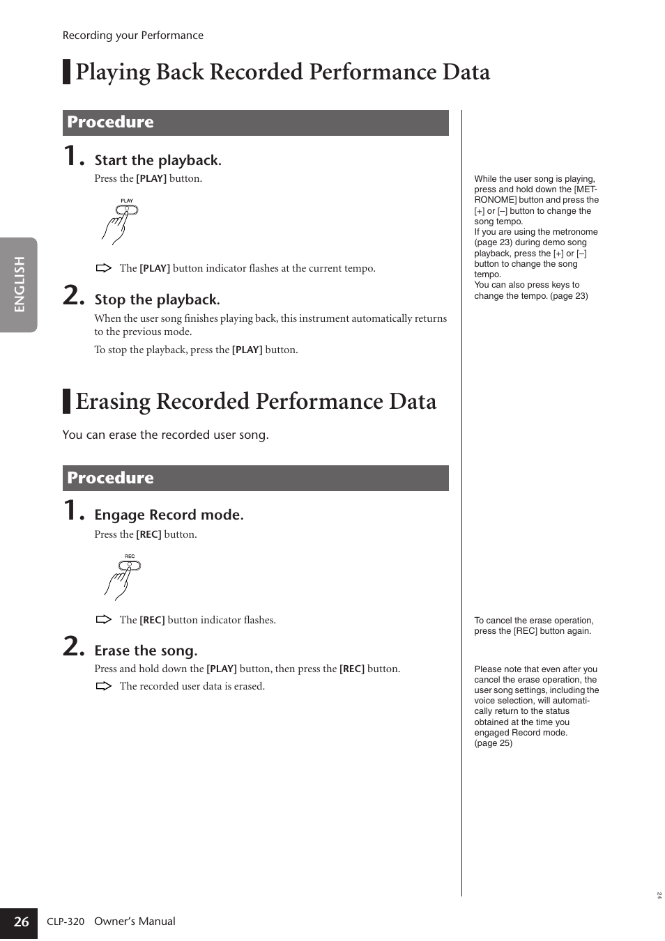 Playing back recorded performance data, Erasing recorded performance data, Procedure | Yamaha Clavinova CLP-320 User Manual | Page 26 / 44