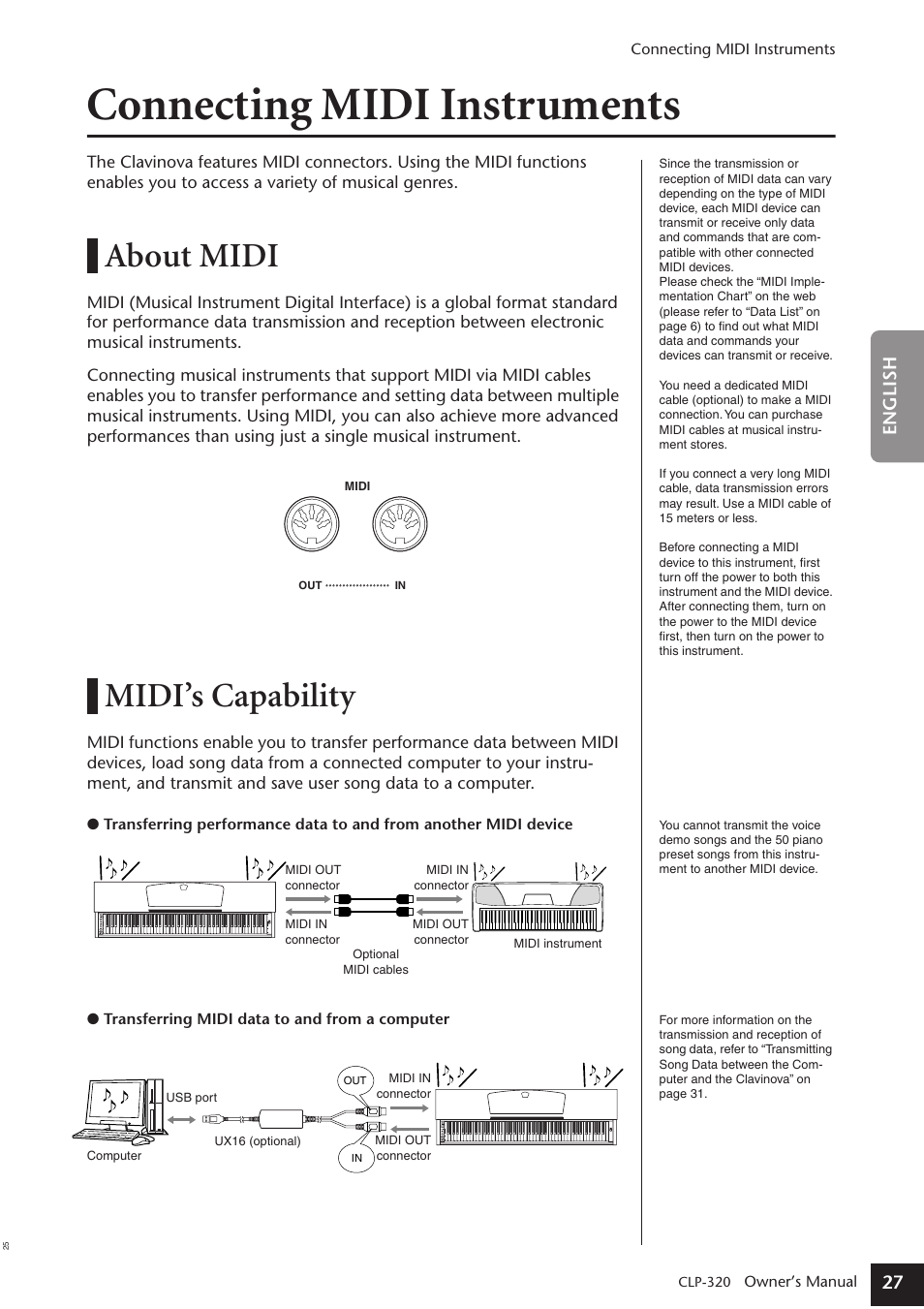 Connecting midi instruments, About midi, Midi’s capability | 27 english | Yamaha Clavinova CLP-320 User Manual | Page 27 / 44