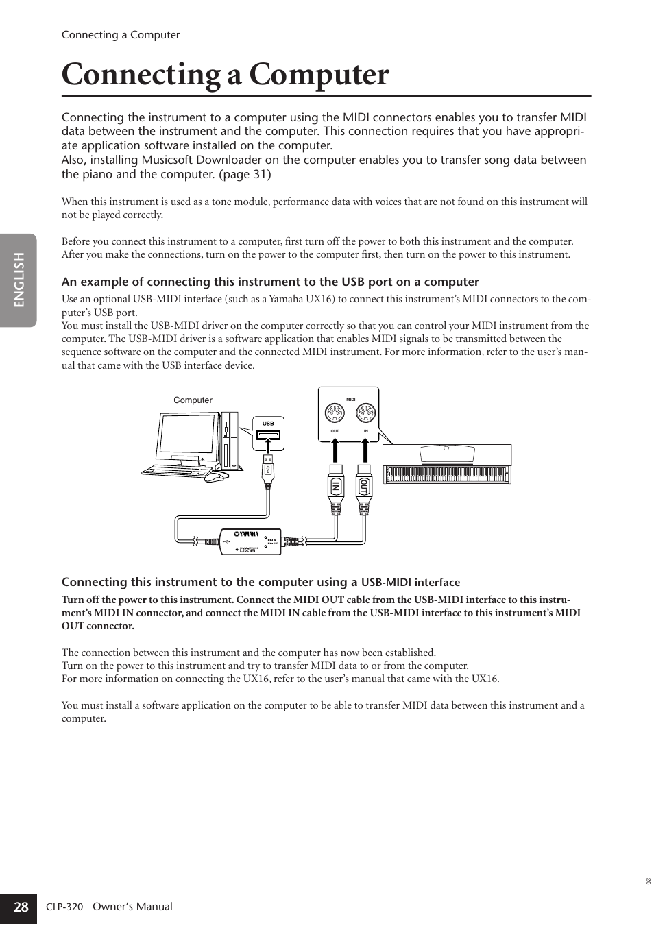 Connecting a computer, 28 english | Yamaha Clavinova CLP-320 User Manual | Page 28 / 44