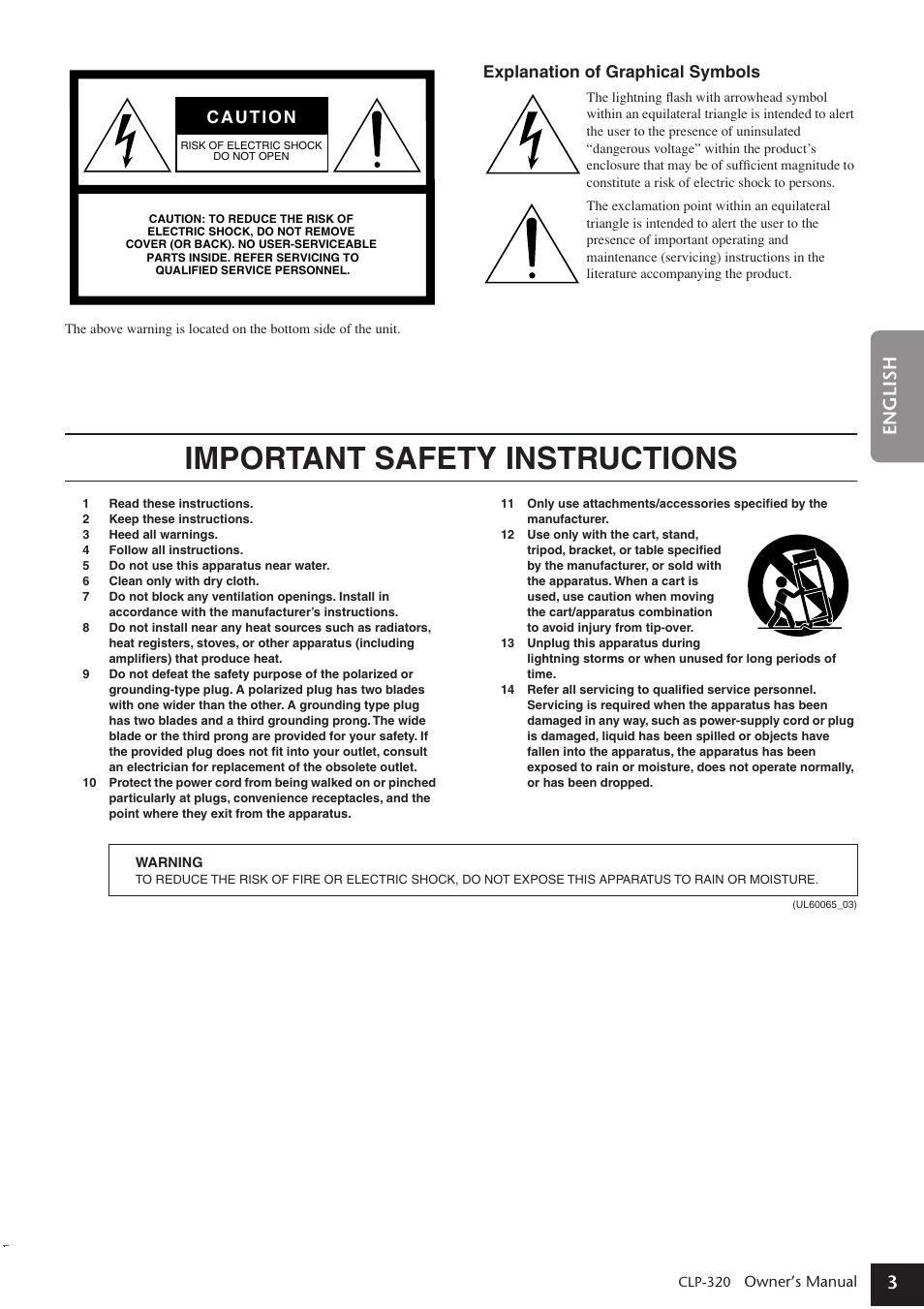 Important safety instructions, English, Explanation of graphical symbols | Yamaha Clavinova CLP-320 User Manual | Page 3 / 44