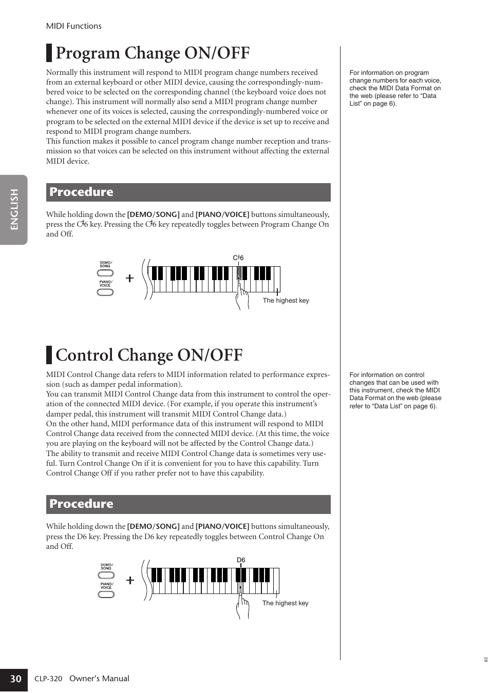 Program change on/off, Control change on/off, Procedure | Yamaha Clavinova CLP-320 User Manual | Page 30 / 44