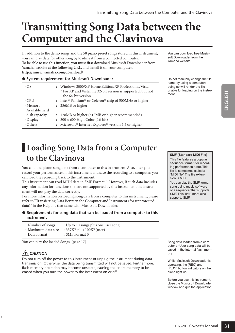 Loading song data from a computer to the clavinova | Yamaha Clavinova CLP-320 User Manual | Page 31 / 44