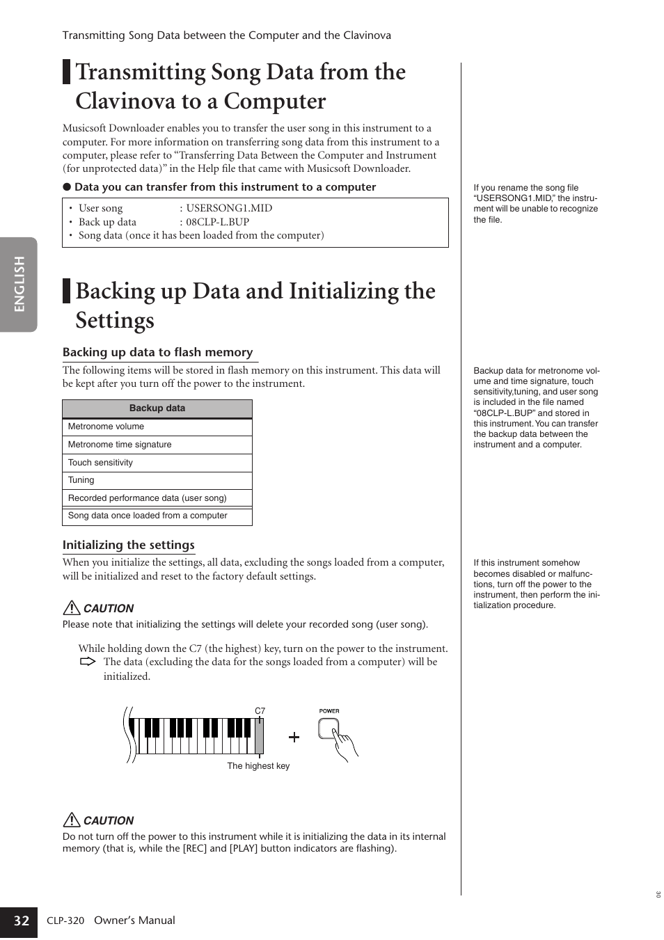 Backing up data and initializing the settings, Backing up data and initializing the settings . 32 | Yamaha Clavinova CLP-320 User Manual | Page 32 / 44