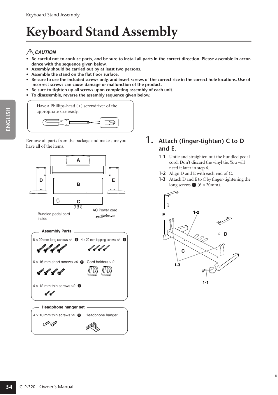 Keyboard stand assembly, Attach (finger-tighten) c to d and e, 34 english | Yamaha Clavinova CLP-320 User Manual | Page 34 / 44