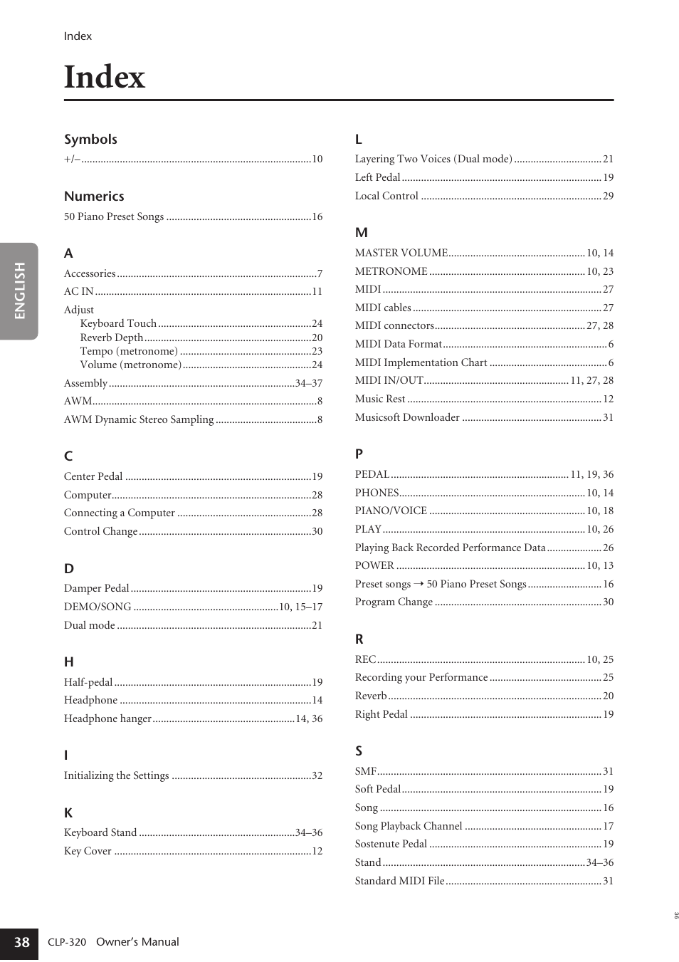 Index | Yamaha Clavinova CLP-320 User Manual | Page 38 / 44