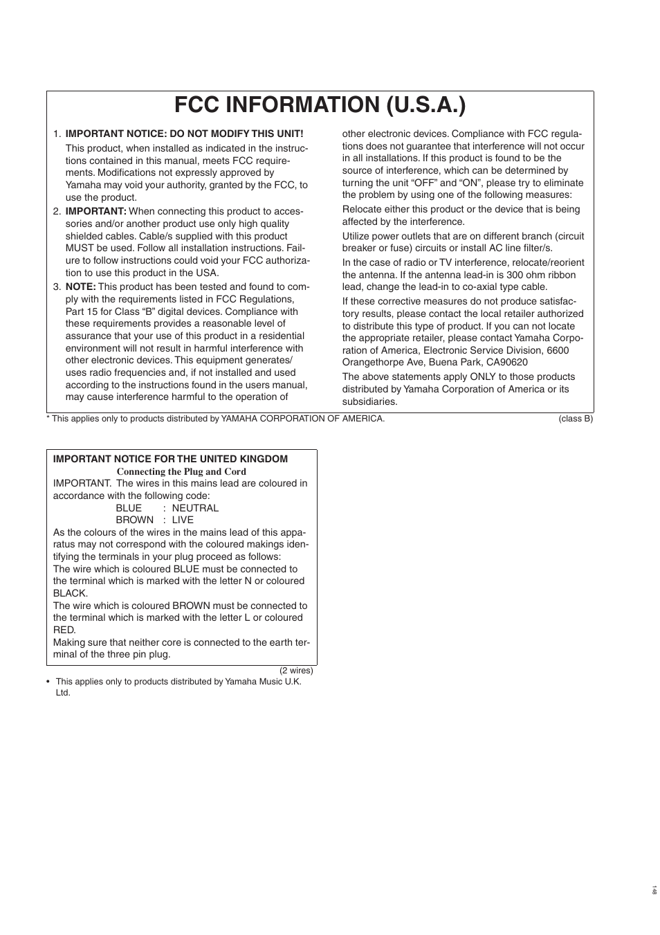 Fcc information (u.s.a.) | Yamaha Clavinova CLP-320 User Manual | Page 42 / 44