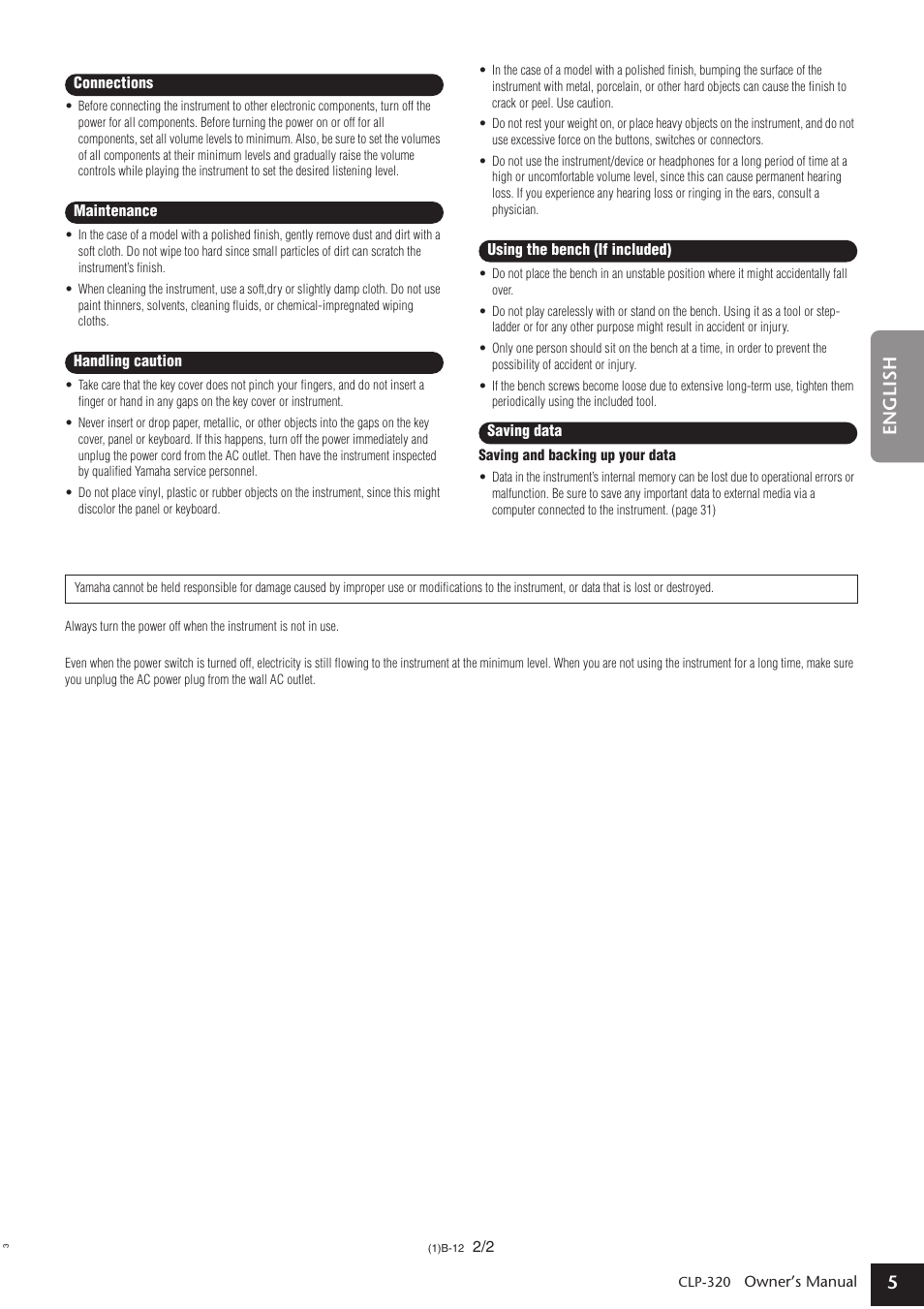 English | Yamaha Clavinova CLP-320 User Manual | Page 5 / 44