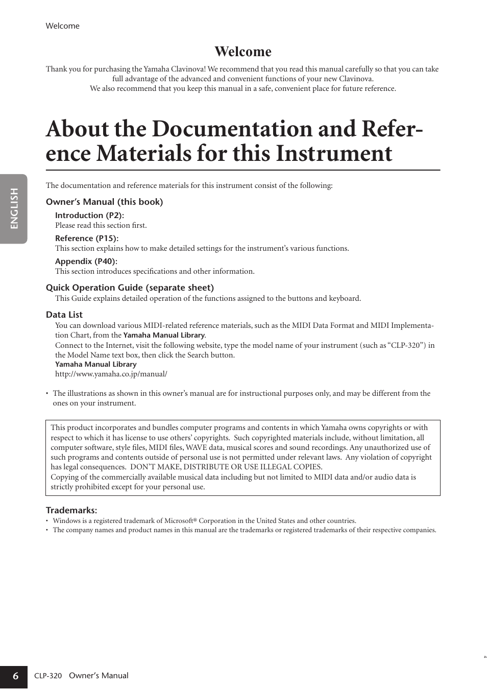 Welcome | Yamaha Clavinova CLP-320 User Manual | Page 6 / 44
