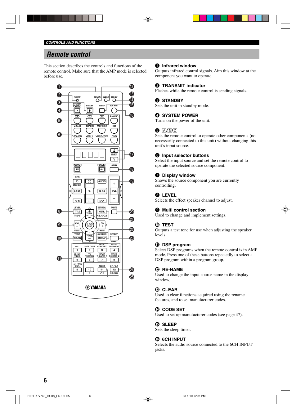 Remote control | Yamaha RX-V740 U User Manual | Page 10 / 71