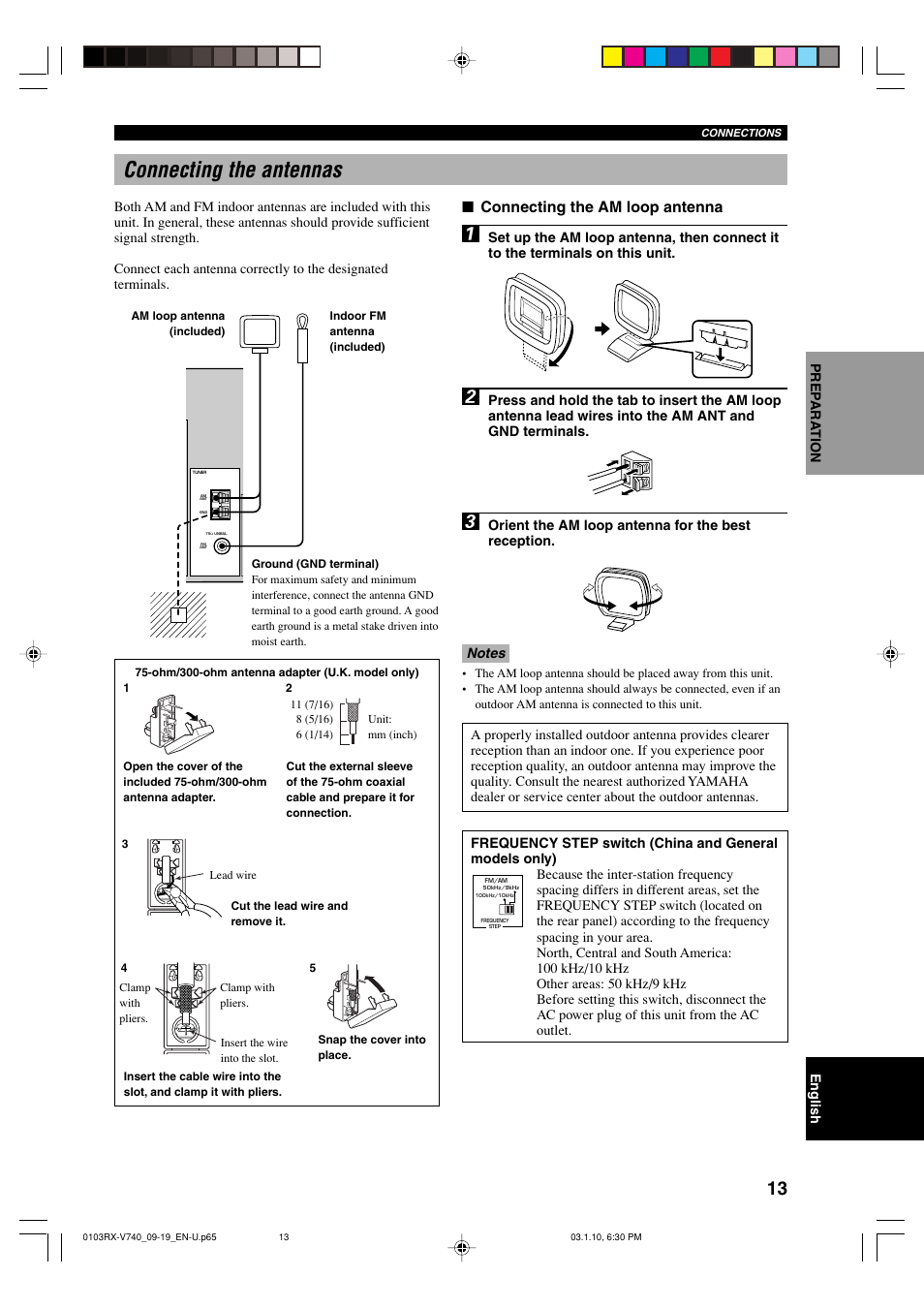 Connecting the antennas, Connecting the am loop antenna | Yamaha RX-V740 U User Manual | Page 17 / 71