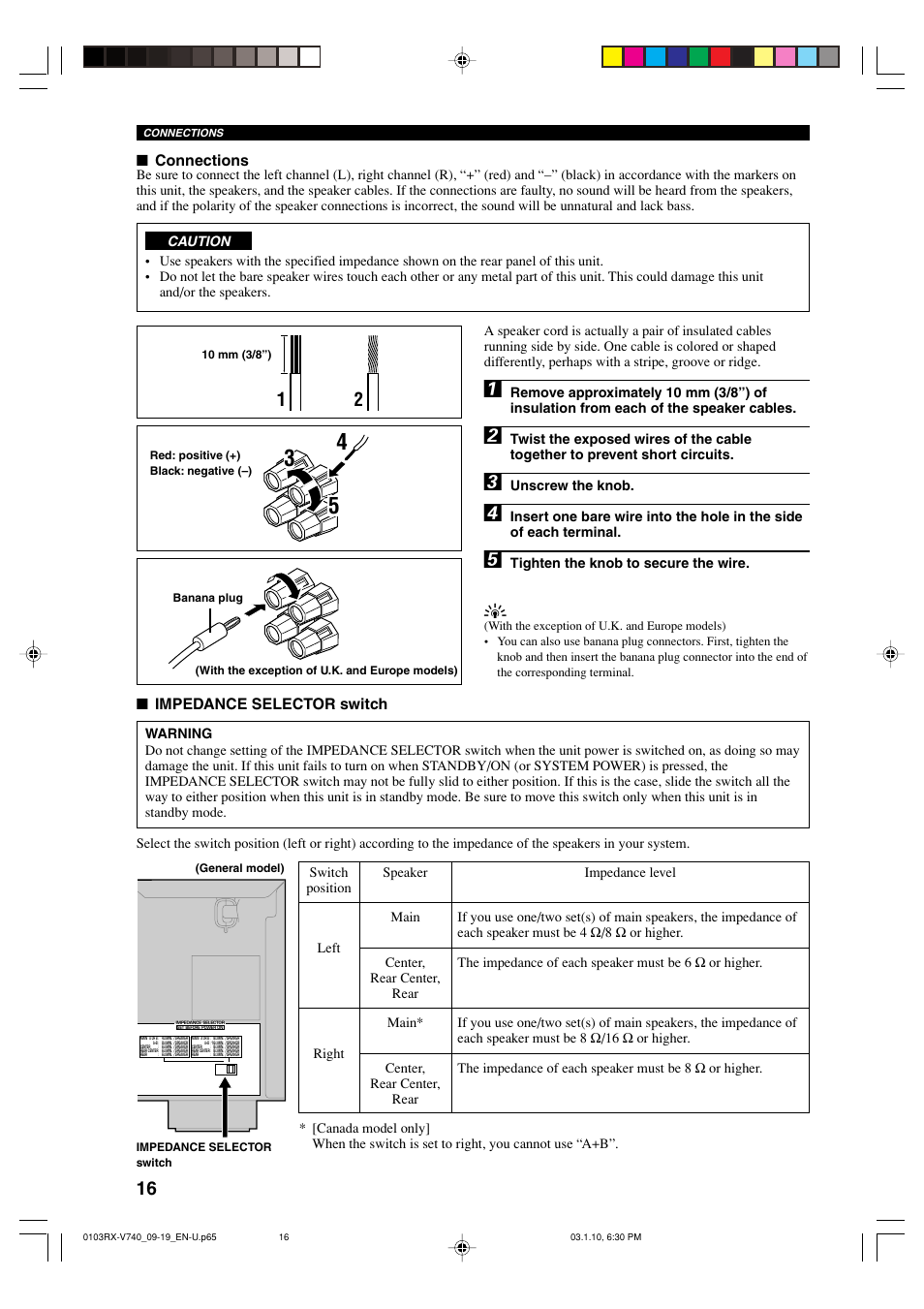 Connections, Impedance selector switch, Unscrew the knob | Tighten the knob to secure the wire | Yamaha RX-V740 U User Manual | Page 20 / 71