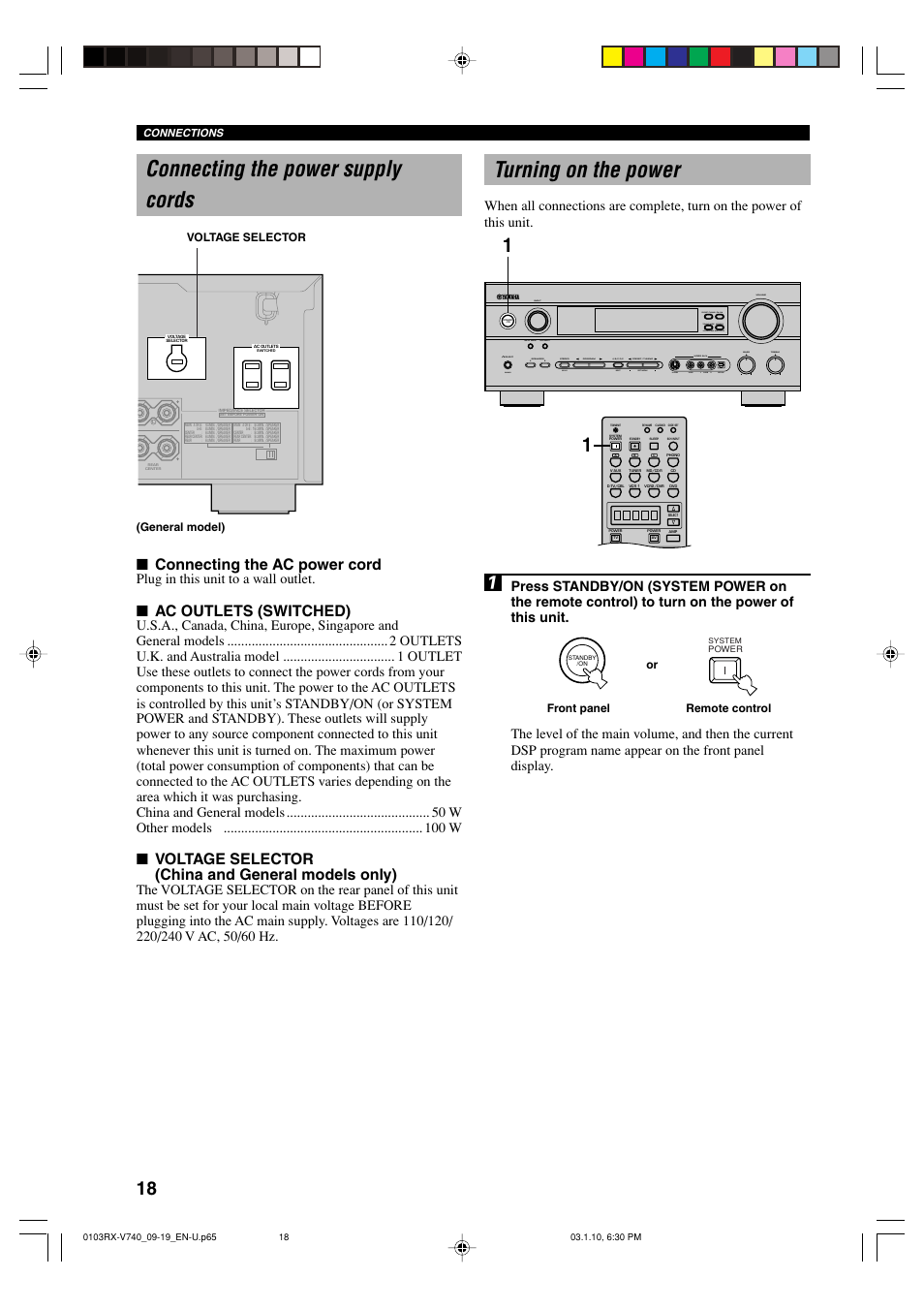 Connecting the power supply cords, Turning on the power, Connecting the ac power cord | Ac outlets (switched), Voltage selector (china and general models only), Plug in this unit to a wall outlet, Set menu next, Voltage selector, Or remote control front panel (general model) | Yamaha RX-V740 U User Manual | Page 22 / 71