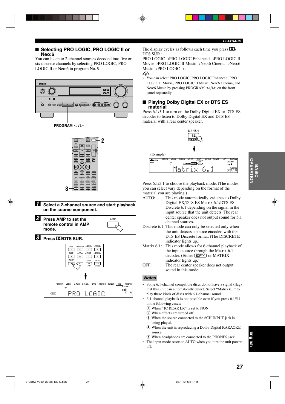 Matrix 6.1, Pro logic, Playing dolby digital ex or dts es material | Selecting pro logic, pro logic ii or neo:6, English, Press amp to set the remote control in amp mode, Press q /dts sur, Set menu next, Program l / h, Example) | Yamaha RX-V740 U User Manual | Page 31 / 71