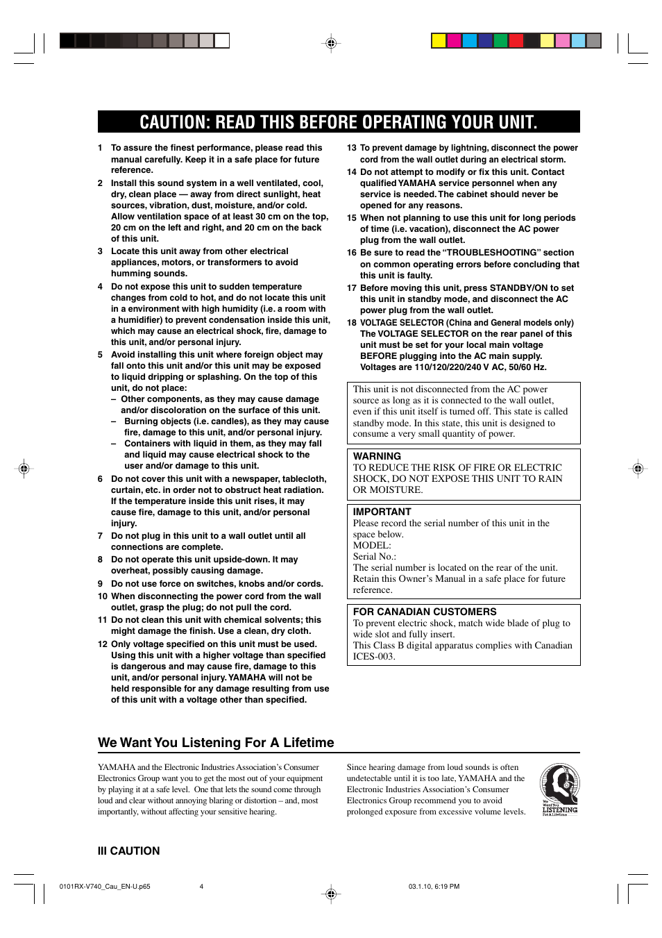 Caution: read this before operating your unit, We want you listening for a lifetime, Iii caution | Yamaha RX-V740 U User Manual | Page 4 / 71