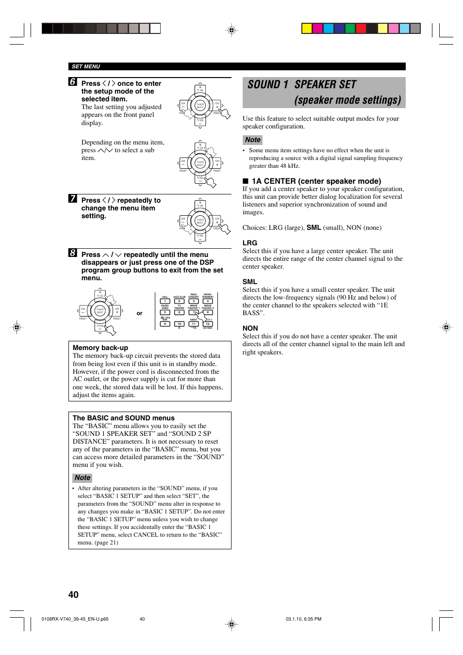 Sound 1 speaker set, Sound 1 speaker set (speaker mode settings), 1a center (center speaker mode) | Yamaha RX-V740 U User Manual | Page 44 / 71