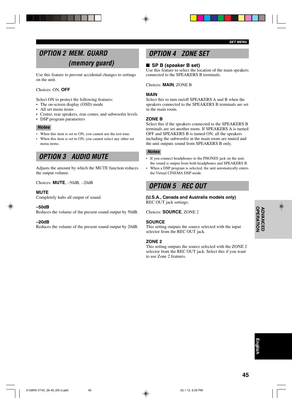 Option 2 mem. guard, Option 3 audio mute, Option 4 zone set | Option 5 rec out | Yamaha RX-V740 U User Manual | Page 49 / 71