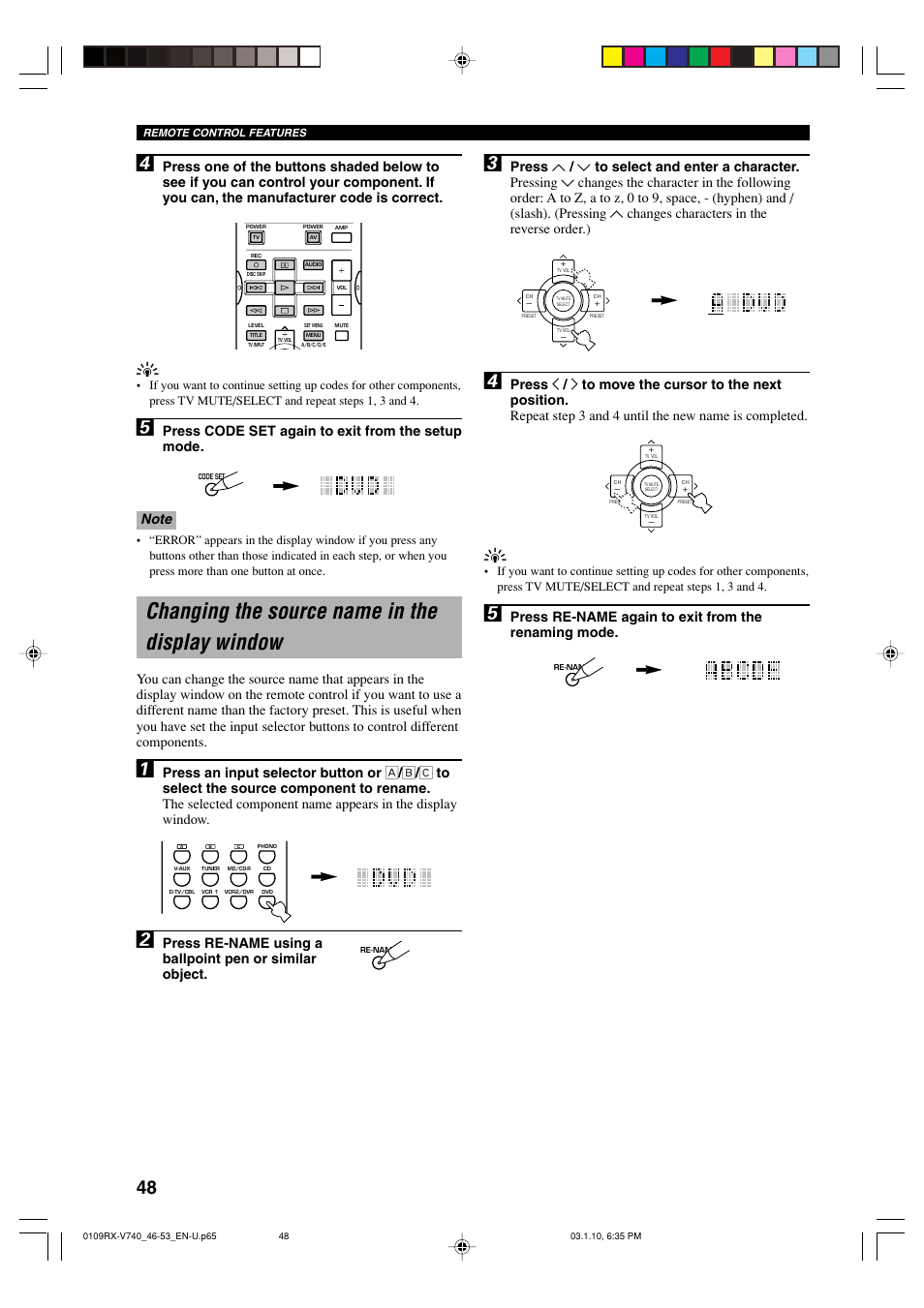 Changing the source name in the display window, Press re-name again to exit from the renaming mode | Yamaha RX-V740 U User Manual | Page 52 / 71