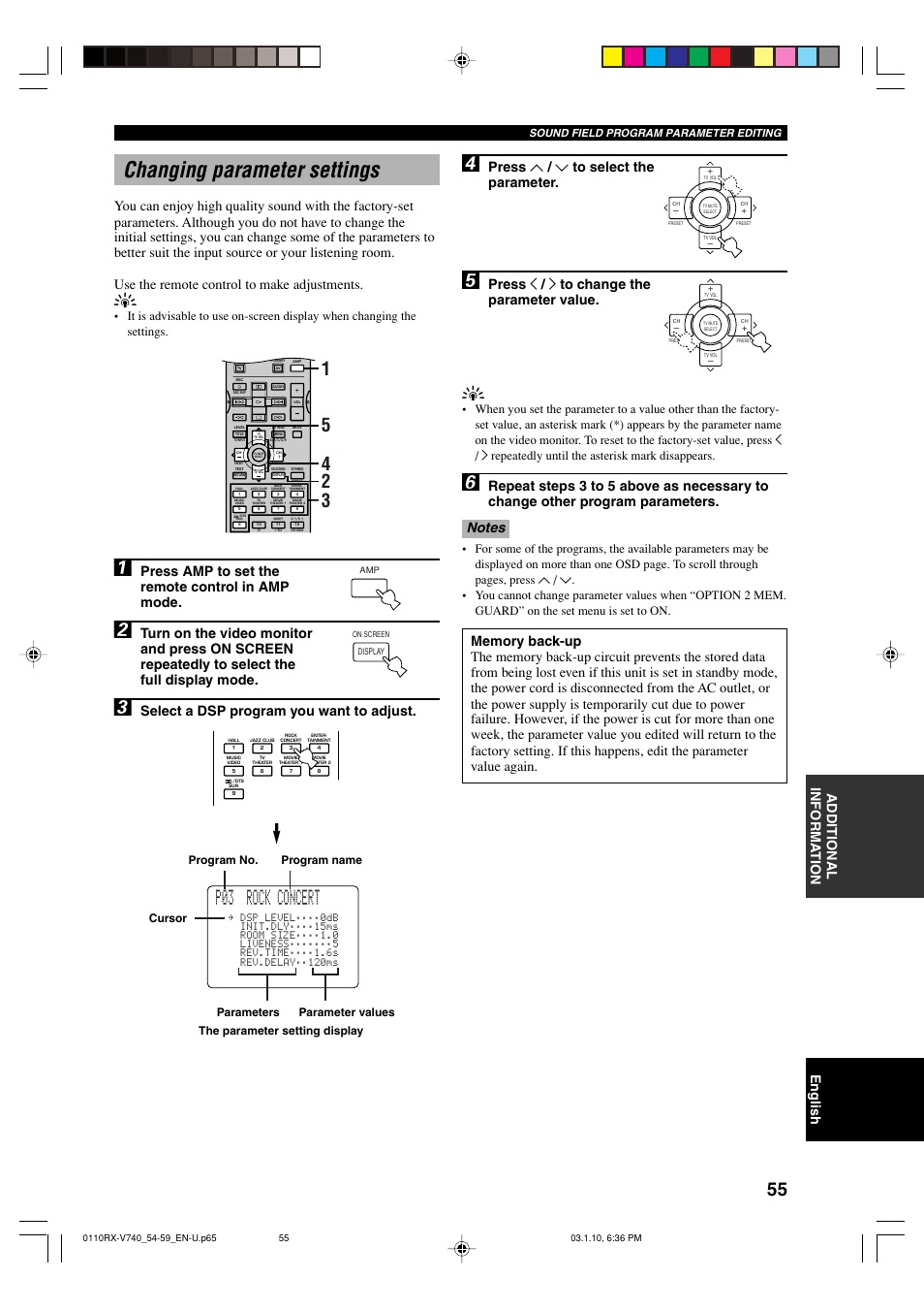 Changing parameter settings, P03 rock concert, English additional informa tion | Press u / d to select the parameter, Press j / i to change the parameter value, Press amp to set the remote control in amp mode, Select a dsp program you want to adjust, Sound field program parameter editing | Yamaha RX-V740 U User Manual | Page 59 / 71