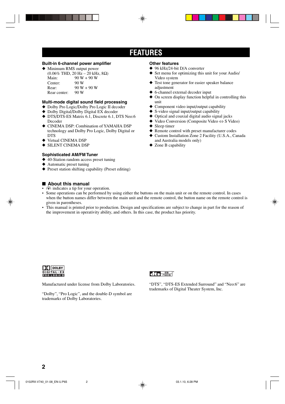 Features | Yamaha RX-V740 U User Manual | Page 6 / 71