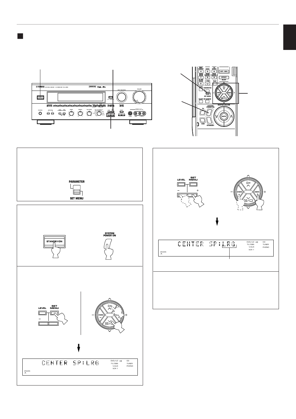 Changing selections, English, Remote control | Aon off b, Preset, Sleep auto, Normal widephantom 40 60, Db ms, Vcr 2 video aux, Vcr 1 tv/dbs phono tuner cd dvd/ld source tape/md | Yamaha RX-V995 User Manual | Page 35 / 88