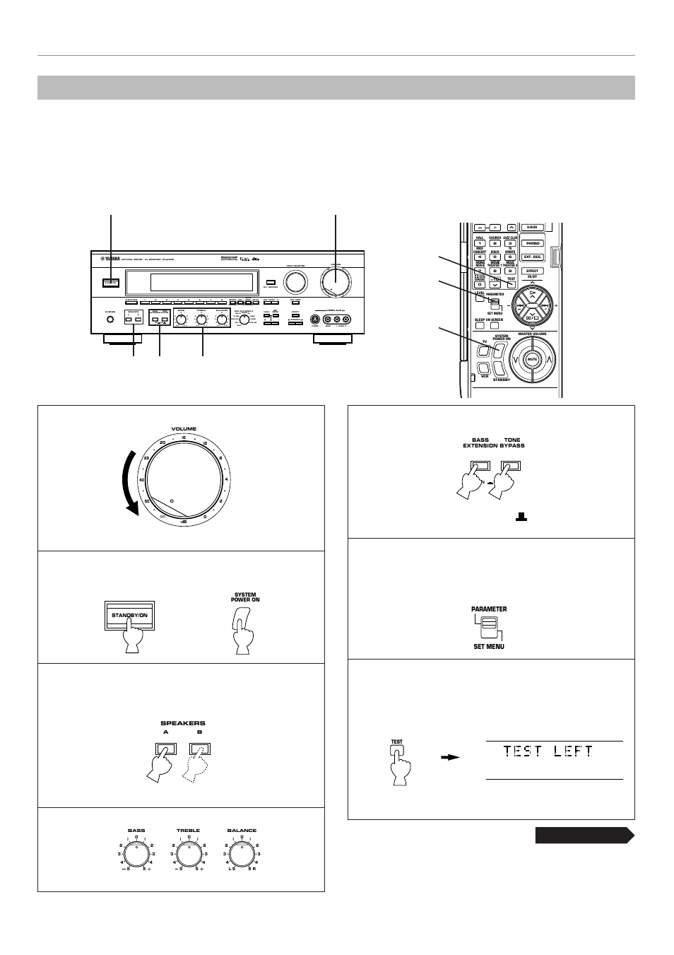 Speaker balance adjustment, Continued, Set to the | Position, Turn on the power, Set to the “0” position, Set to the “off ( ), Aon off b, Preset, Sleep auto | Yamaha RX-V995 User Manual | Page 36 / 88