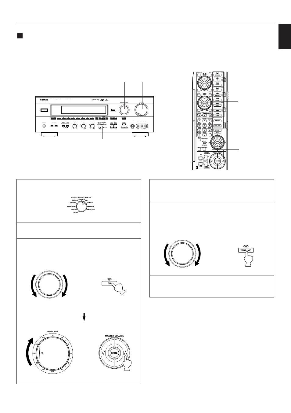 English, Select the source you want to record, Play the source | Aon off b, Preset, Sleep auto, Normal widephantom 40 60, Db ms, Vcr 2 video aux, Front panel or or remote control | Yamaha RX-V995 User Manual | Page 45 / 88