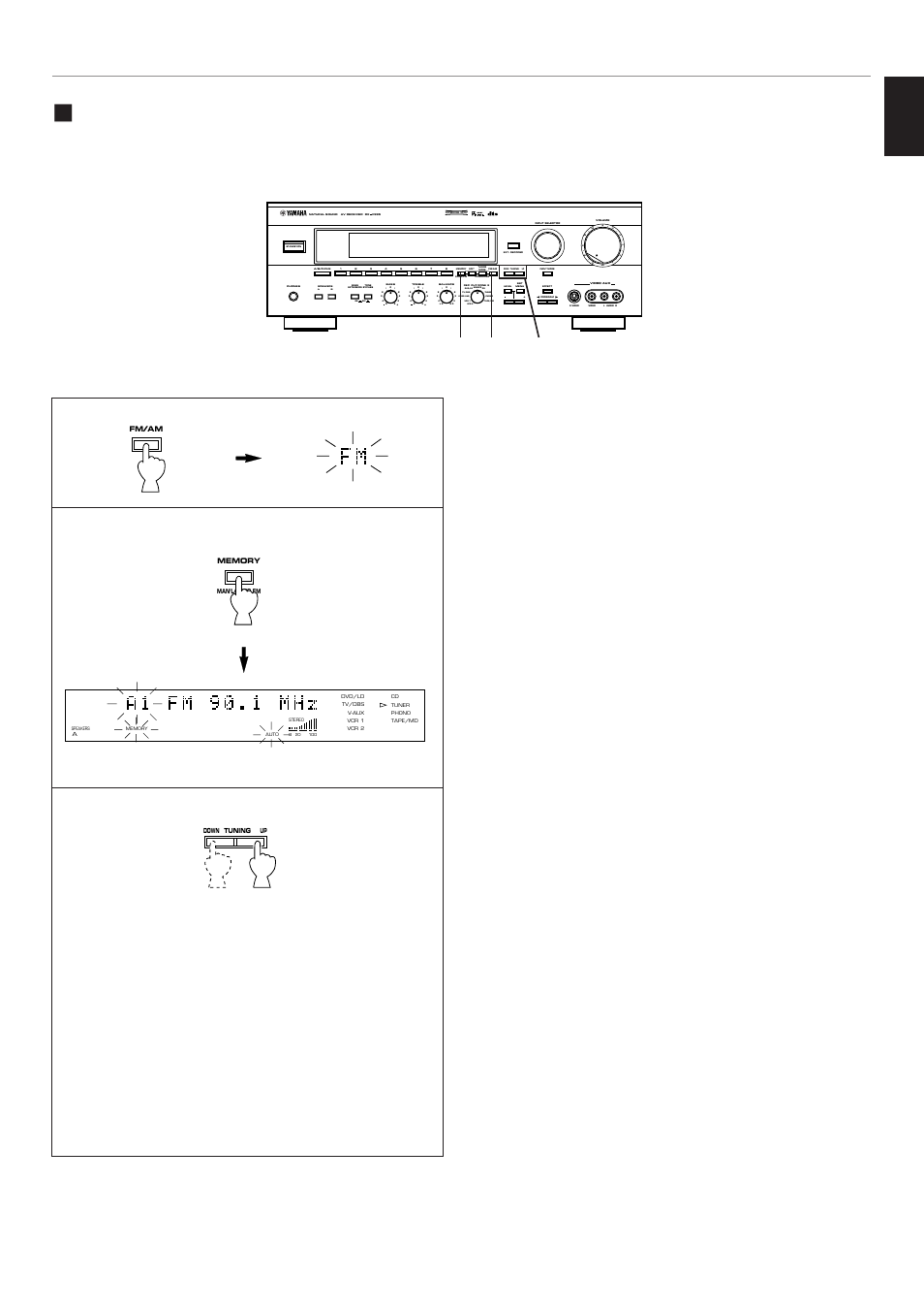 Automatic preset tuning, English, When the automatic preset tuning is finished | Press and hold for more than 3 seconds, Aon off b, Preset, Sleep auto, Normal widephantom 40 60, Db ms, Vcr 2 video aux | Yamaha RX-V995 User Manual | Page 49 / 88