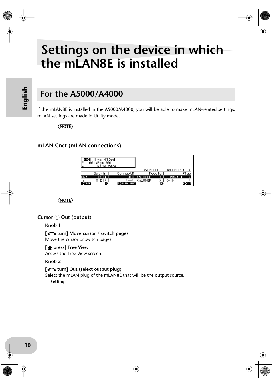 For the a5000/a4000, Mlan cnct (mlan connections), English | Yamaha mLAN8E User Manual | Page 10 / 63