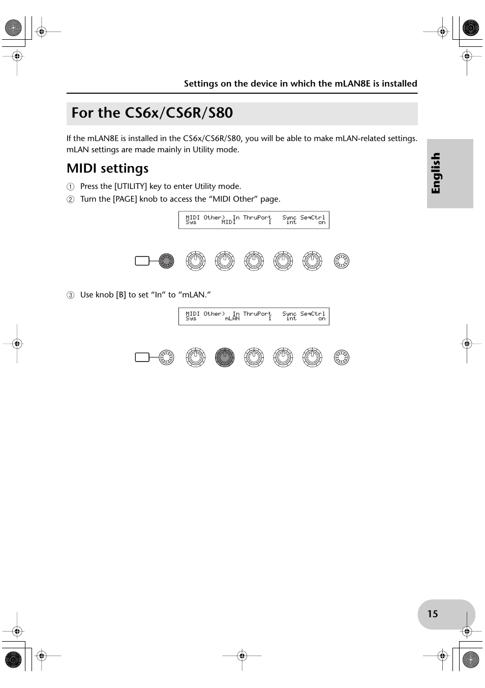 For the cs6x/cs6r/s80, Midi settings, English | Yamaha mLAN8E User Manual | Page 15 / 63