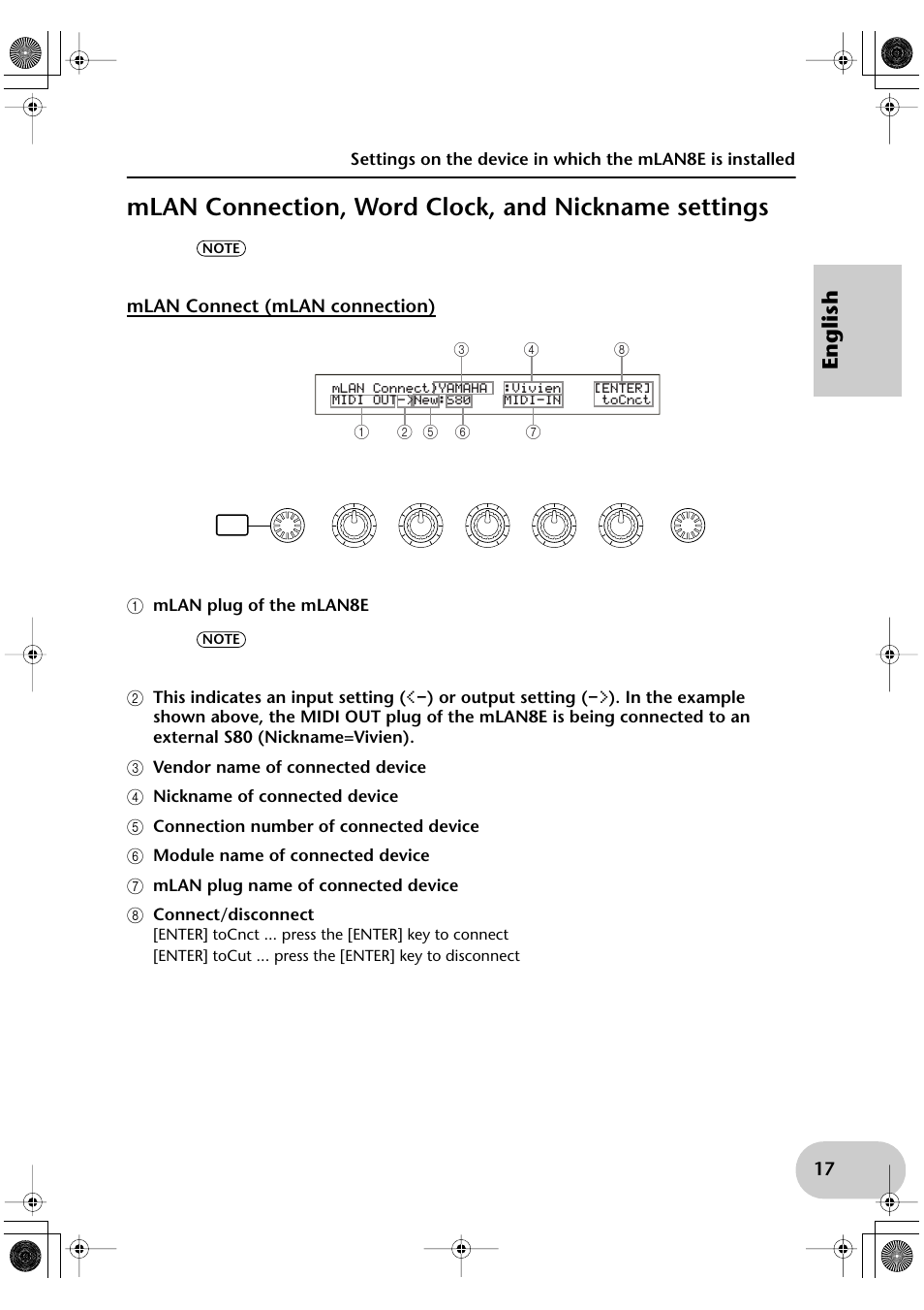 Mlan connect (mlan connection), A mlan plug of the mlan8e, C vendor name of connected device | D nickname of connected device, E connection number of connected device, F module name of connected device, G mlan plug name of connected device, H connect/disconnect, Mlan connection, word clock, and nickname settings, English | Yamaha mLAN8E User Manual | Page 17 / 63