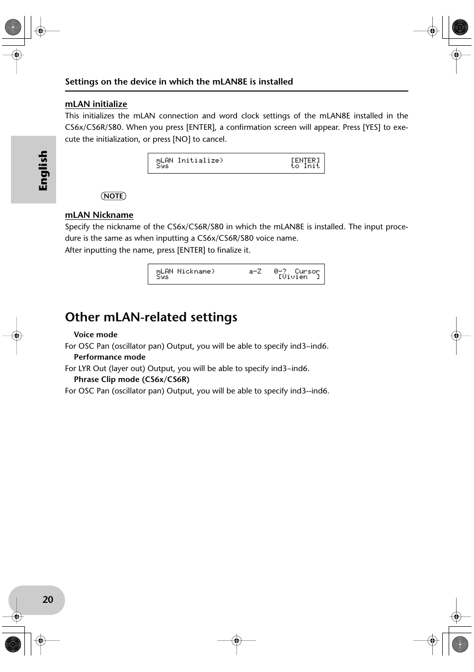 Other mlan-related settings, English | Yamaha mLAN8E User Manual | Page 20 / 63