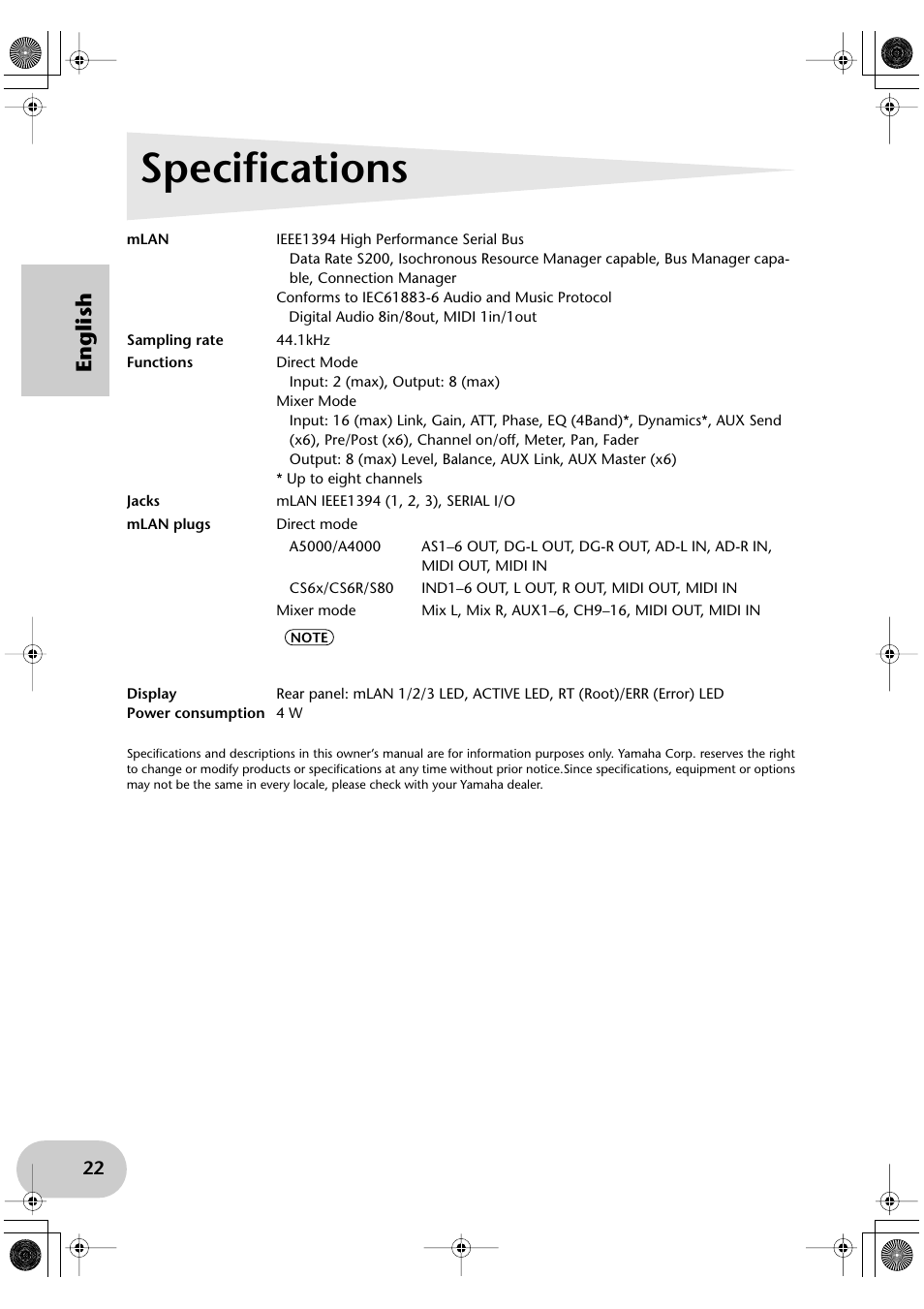 Specifications, English | Yamaha mLAN8E User Manual | Page 22 / 63