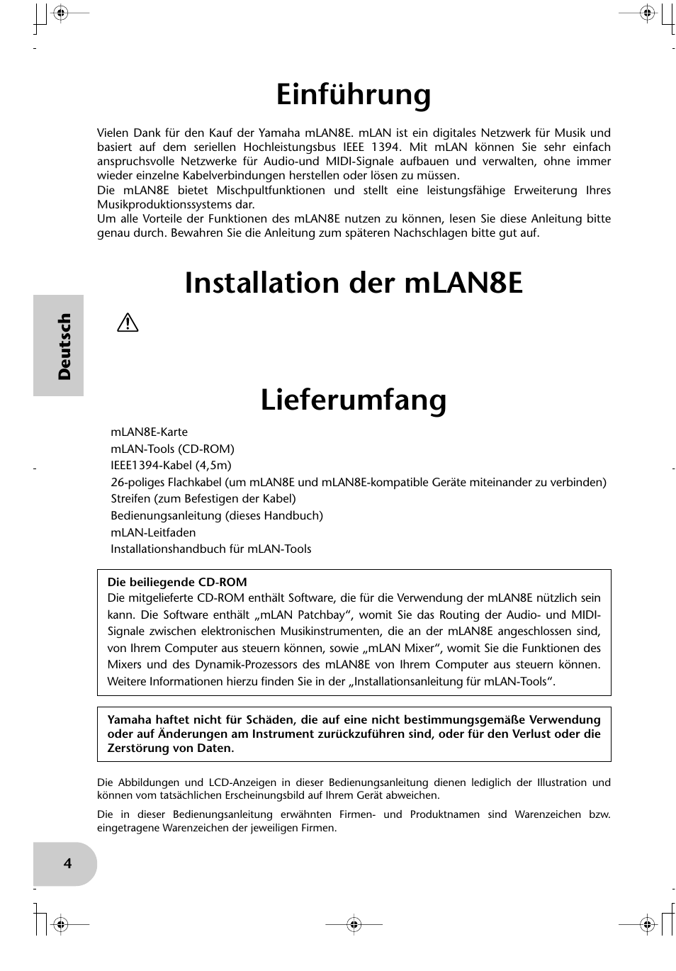 Einführung, Installation der mlan8e, Lieferumfang | Yamaha mLAN8E User Manual | Page 24 / 63