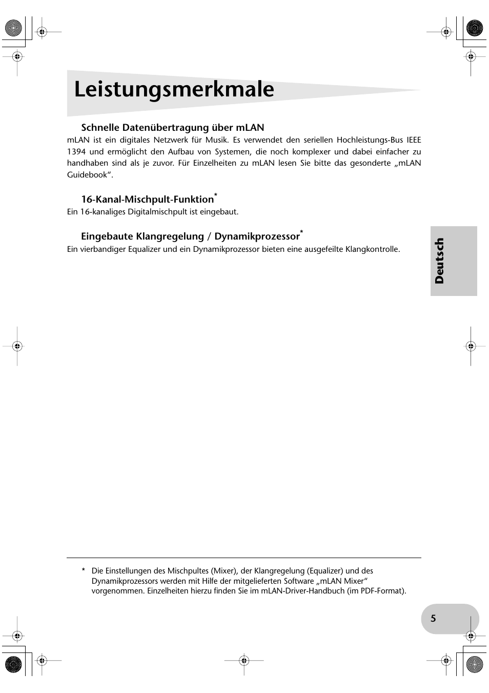 Leistungsmerkmale, Schnelle datenübertragung über mlan, Kanal-mischpult-funktion | Eingebaute klangregelung / dynamikprozessor | Yamaha mLAN8E User Manual | Page 25 / 63