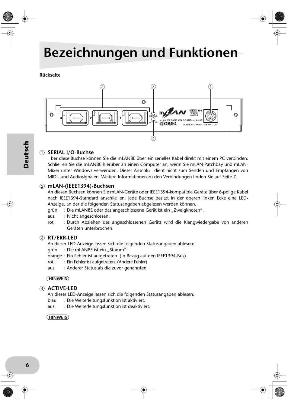 Bezeichnungen und funktionen, A serial i/o-buchse, B mlan-(ieee1394)-buchsen | C rt/err-led, D active-led, Deutsch | Yamaha mLAN8E User Manual | Page 26 / 63