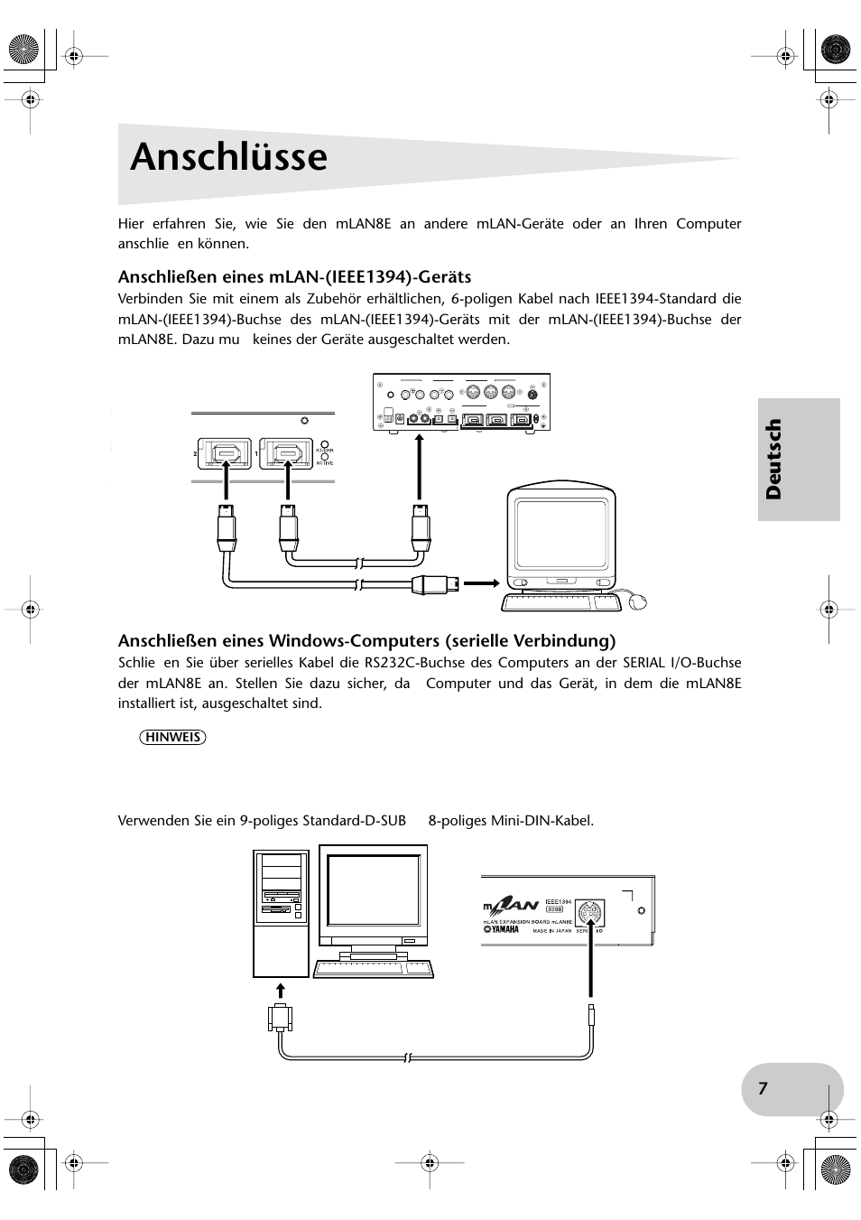 Anschlüsse, Anschließen eines mlan-(ieee1394)-geräts, Deutsch | Yamaha mLAN8E User Manual | Page 27 / 63