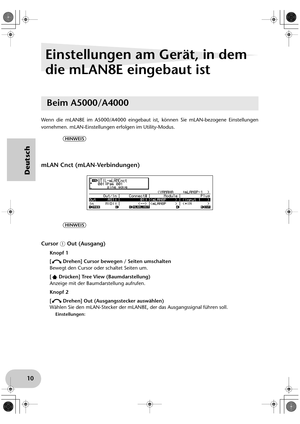 Beim a5000/a4000, Mlan cnct (mlan-verbindungen), Mlan cnct (connexions mlan) | Deutsch | Yamaha mLAN8E User Manual | Page 30 / 63