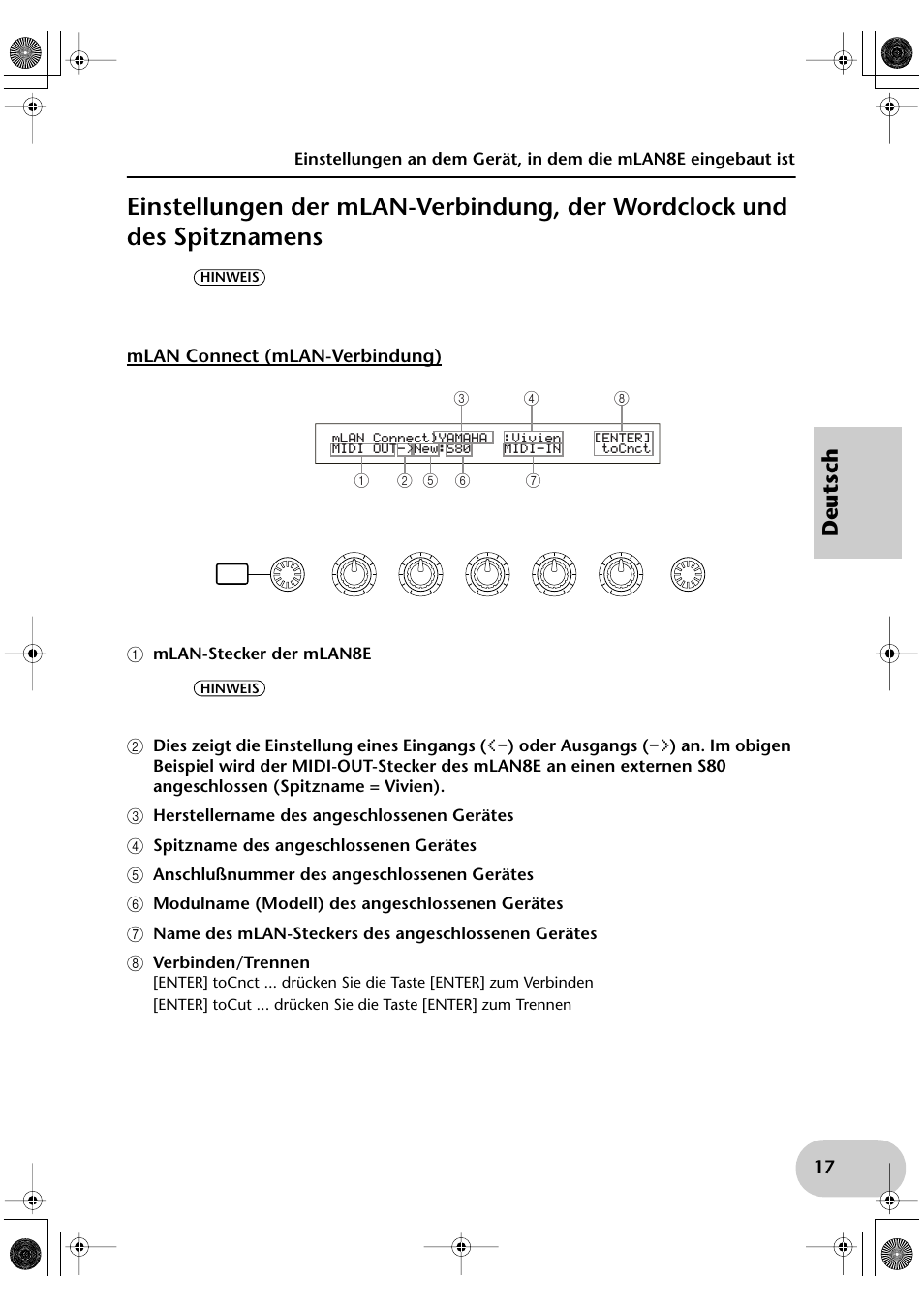 Mlan connect (mlan-verbindung), A mlan-stecker der mlan8e, C herstellername des angeschlossenen gerätes | D spitzname des angeschlossenen gerätes, E anschlußnummer des angeschlossenen gerätes, F modulname (modell) des angeschlossenen gerätes, H verbinden/trennen, Mlan connect (connexion mlan), A prise mlan de mlan8e, Deutsch | Yamaha mLAN8E User Manual | Page 37 / 63