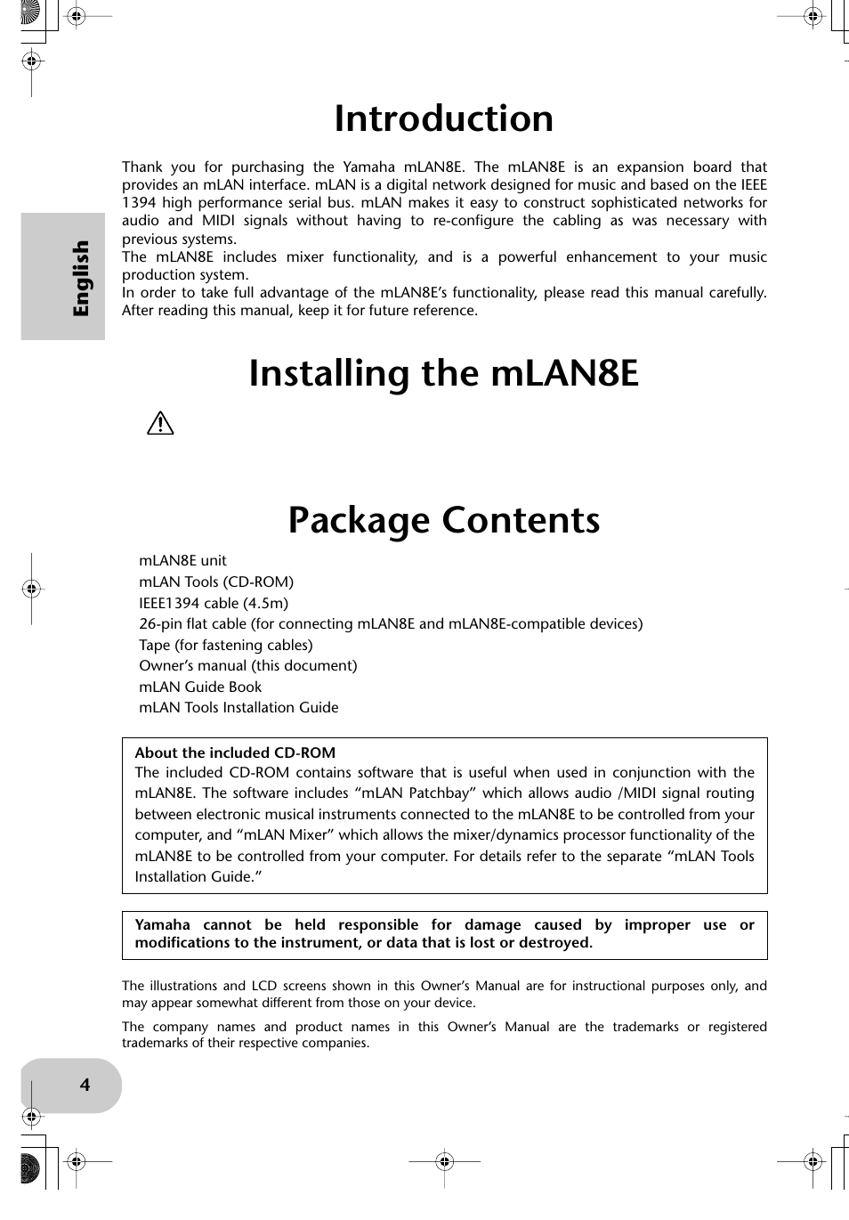 English, Introduction, Installing the mlan8e | Package contents | Yamaha mLAN8E User Manual | Page 4 / 63