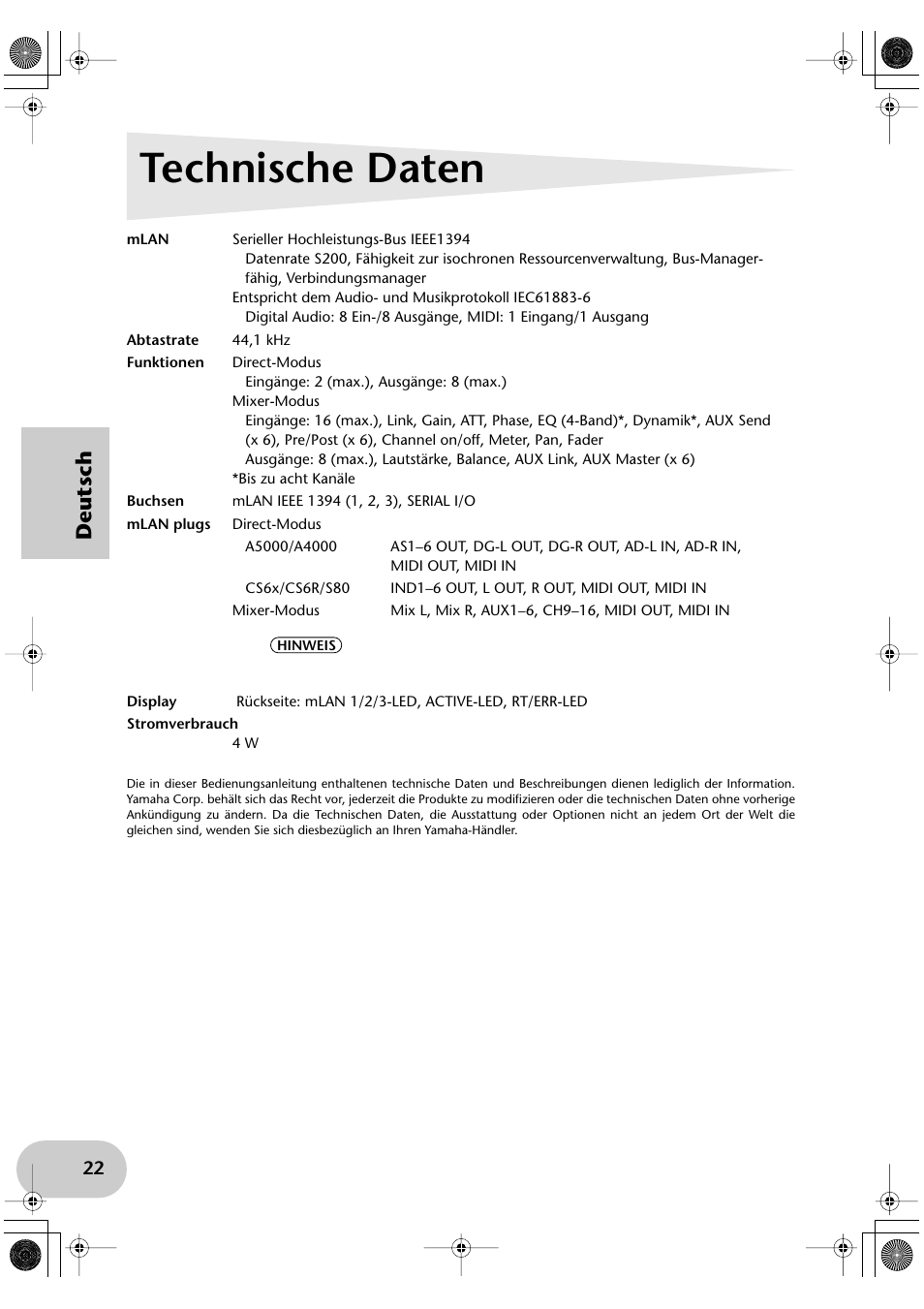 Technische daten, Deutsch | Yamaha mLAN8E User Manual | Page 42 / 63